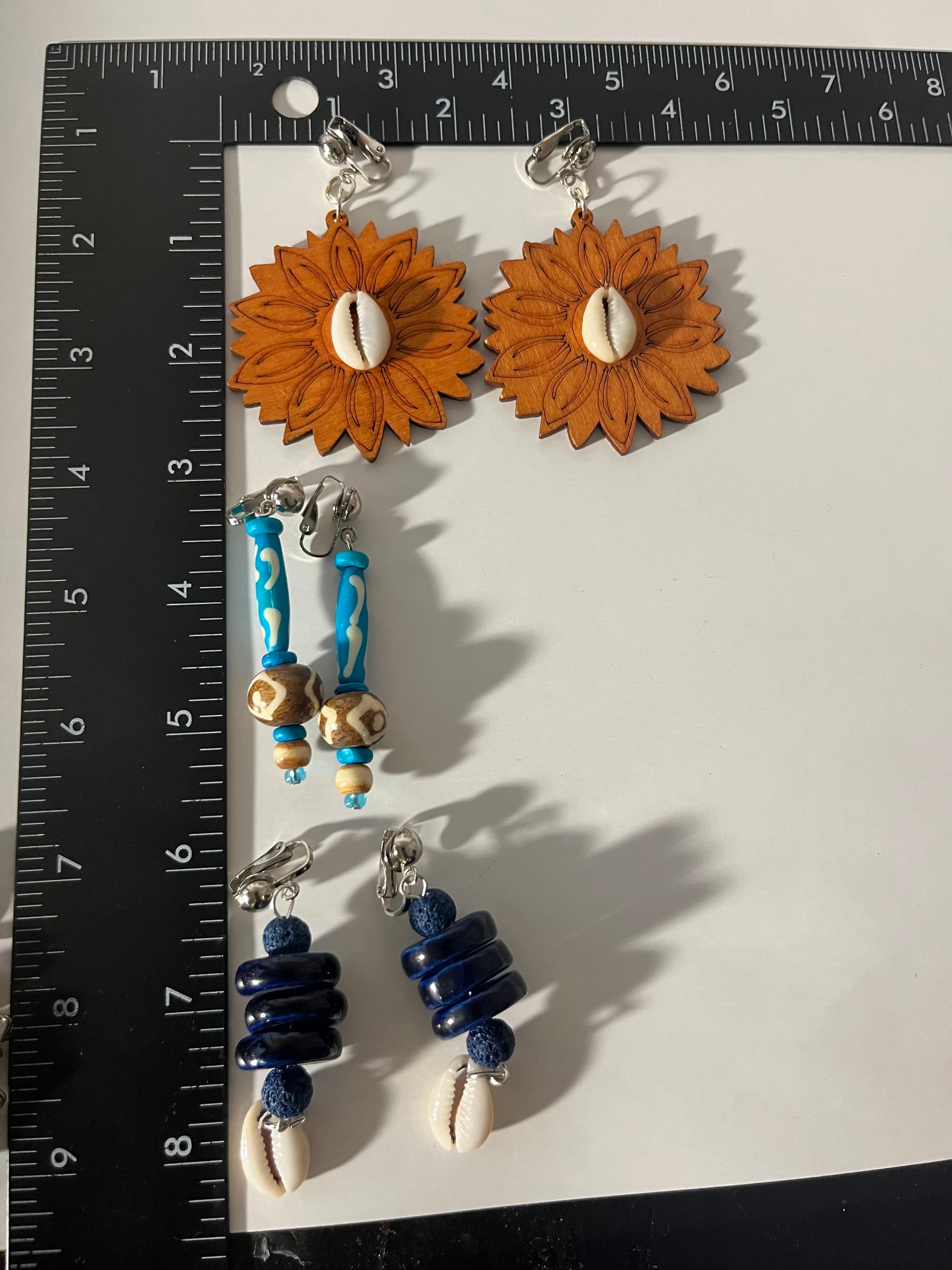 African Bone Cowrie Clip On Earrings 3 Pair Dangles 2-3" Boho Hippie USA Made E4