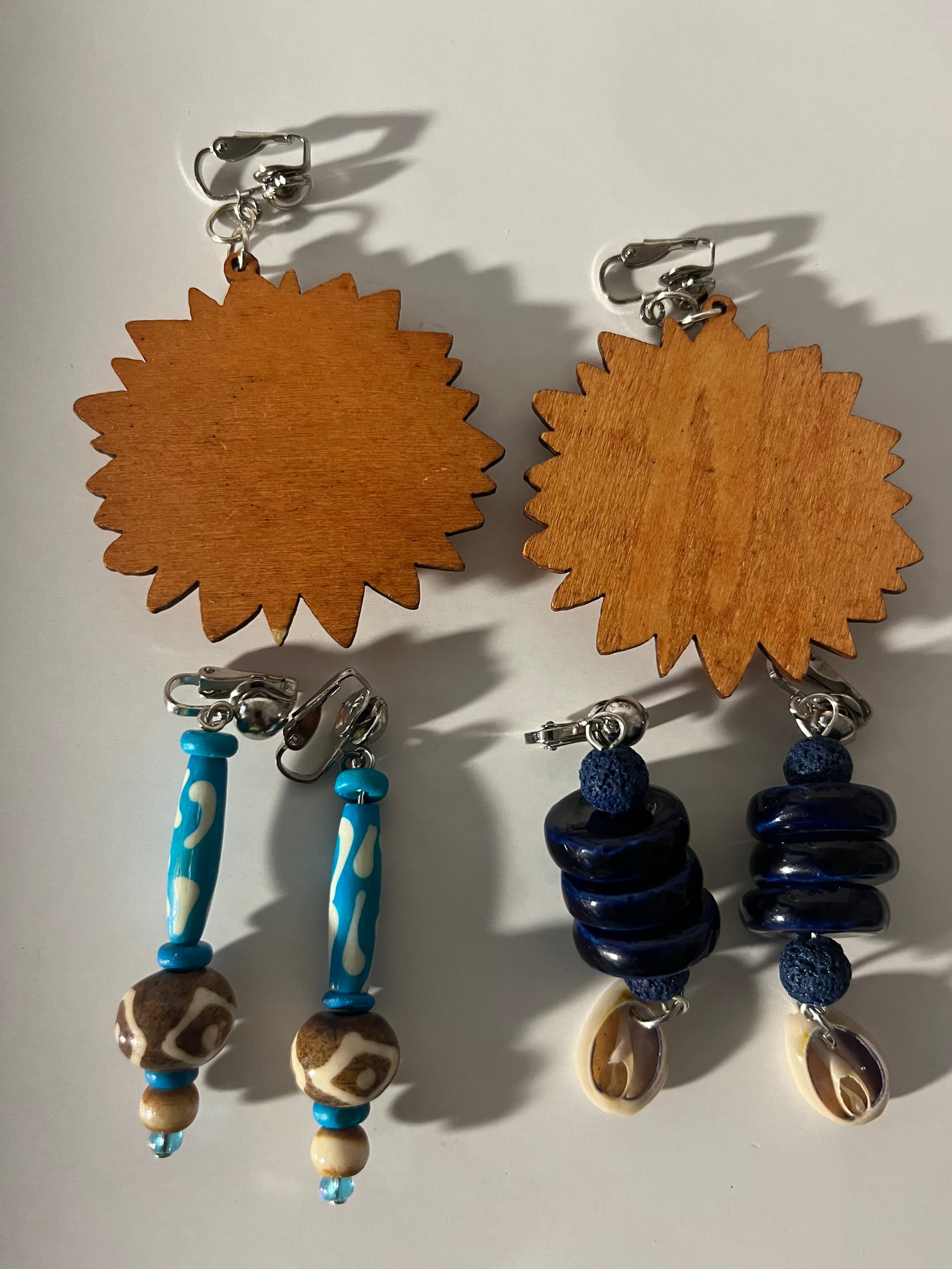 African Bone Cowrie Clip On Earrings 3 Pair Dangles 2-3" Boho Hippie USA Made E4