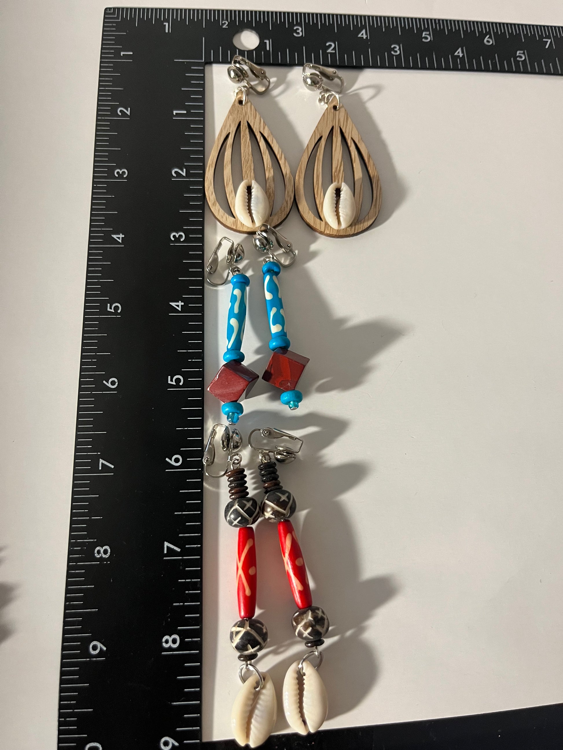 African Bone Cowrie Clip On Earrings 3 Pair Dangles 2-3" Boho Hippie USA Made E5
