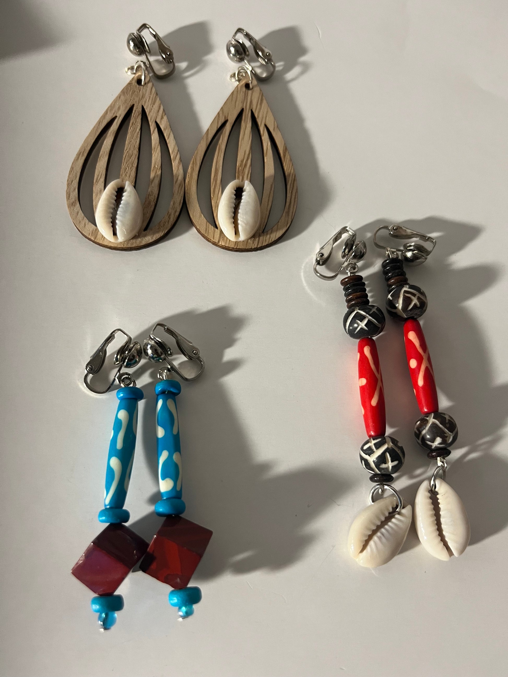 African Bone Cowrie Clip On Earrings 3 Pair Dangles 2-3" Boho Hippie USA Made E5