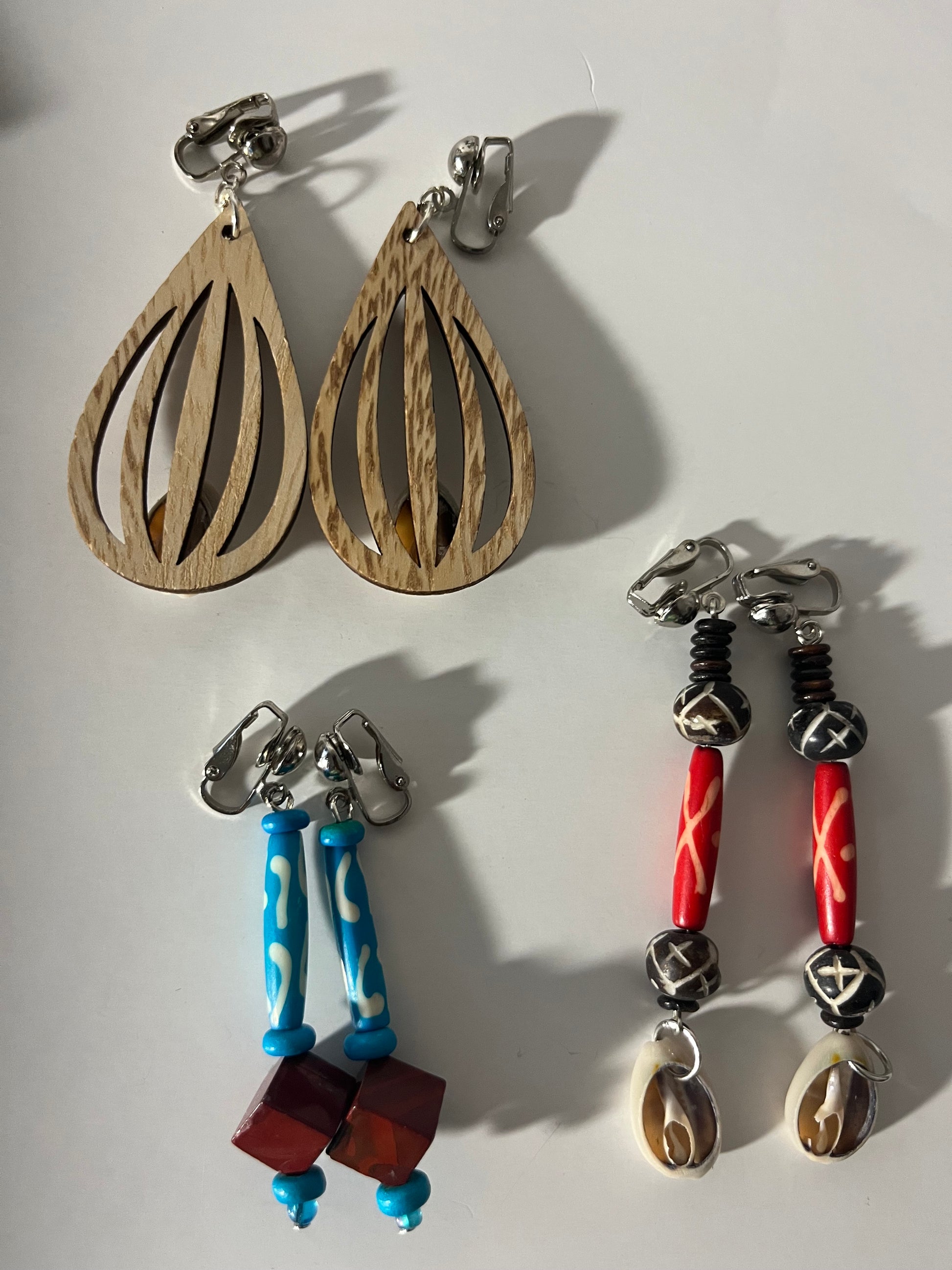 African Bone Cowrie Clip On Earrings 3 Pair Dangles 2-3" Boho Hippie USA Made E5