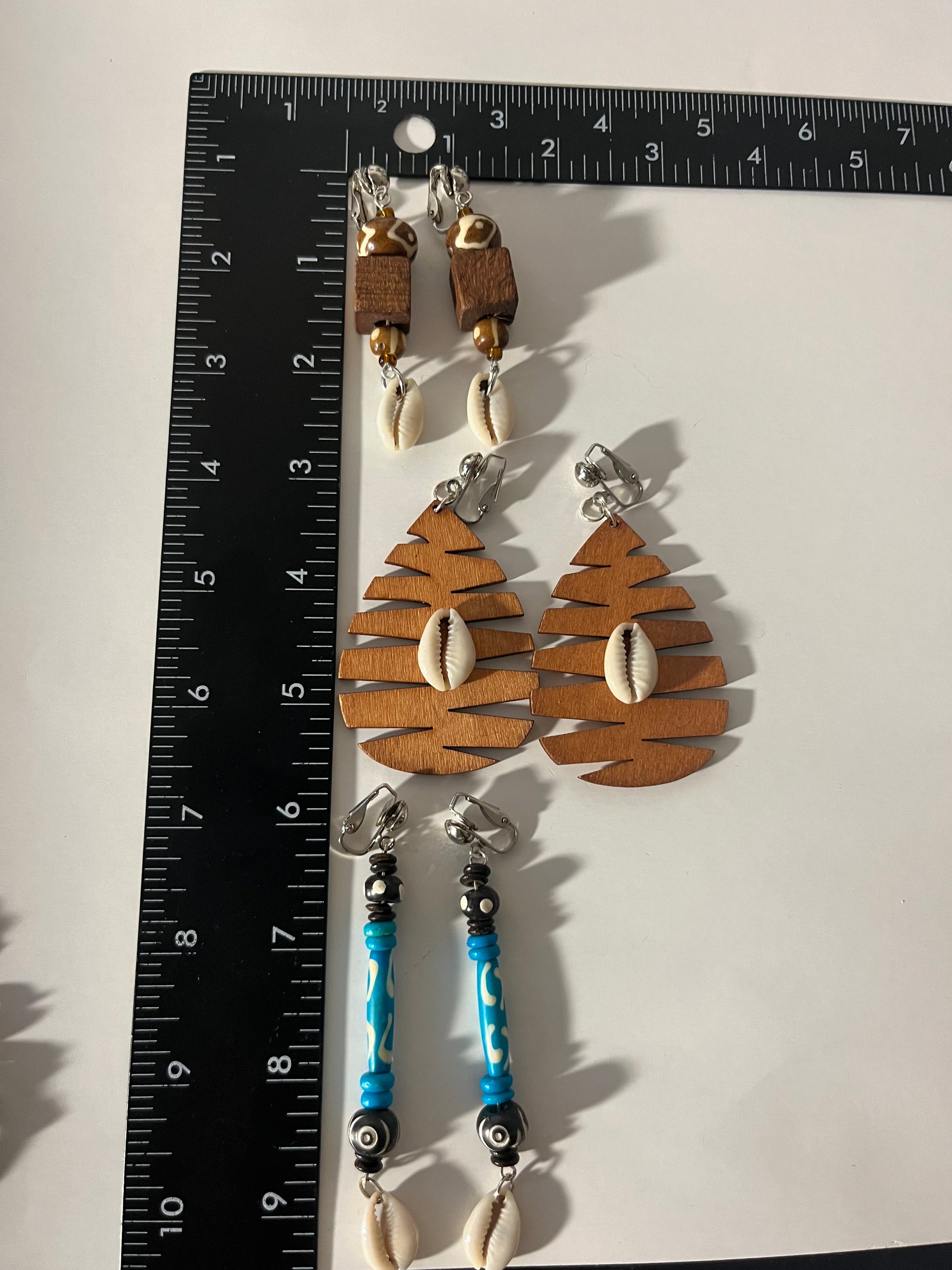 African Bone Cowrie Clip On Earrings 3 Pair Dangles 2-3" Boho Hippie USA Made E6