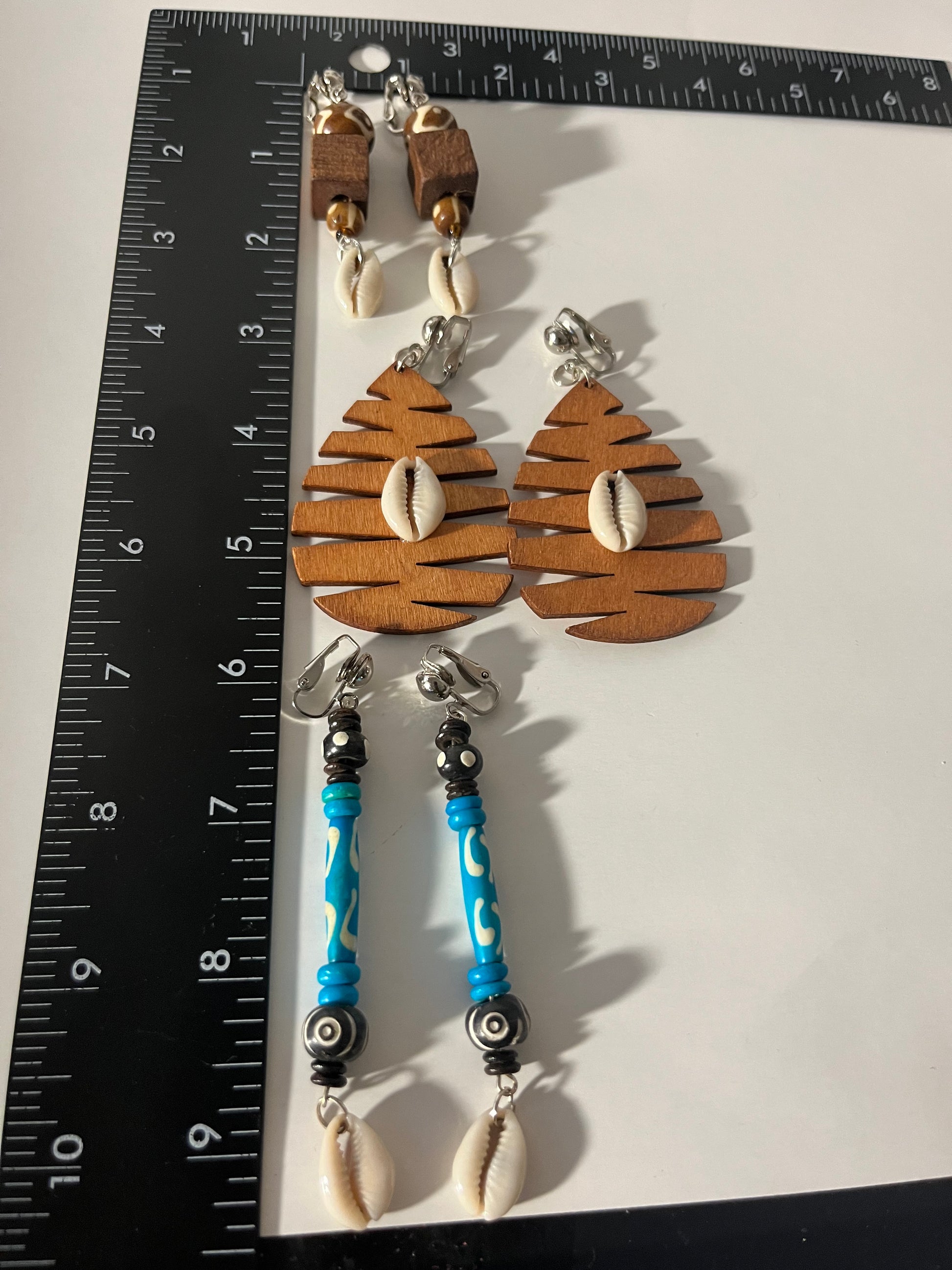 African Bone Cowrie Clip On Earrings 3 Pair Dangles 2-3" Boho Hippie USA Made E6