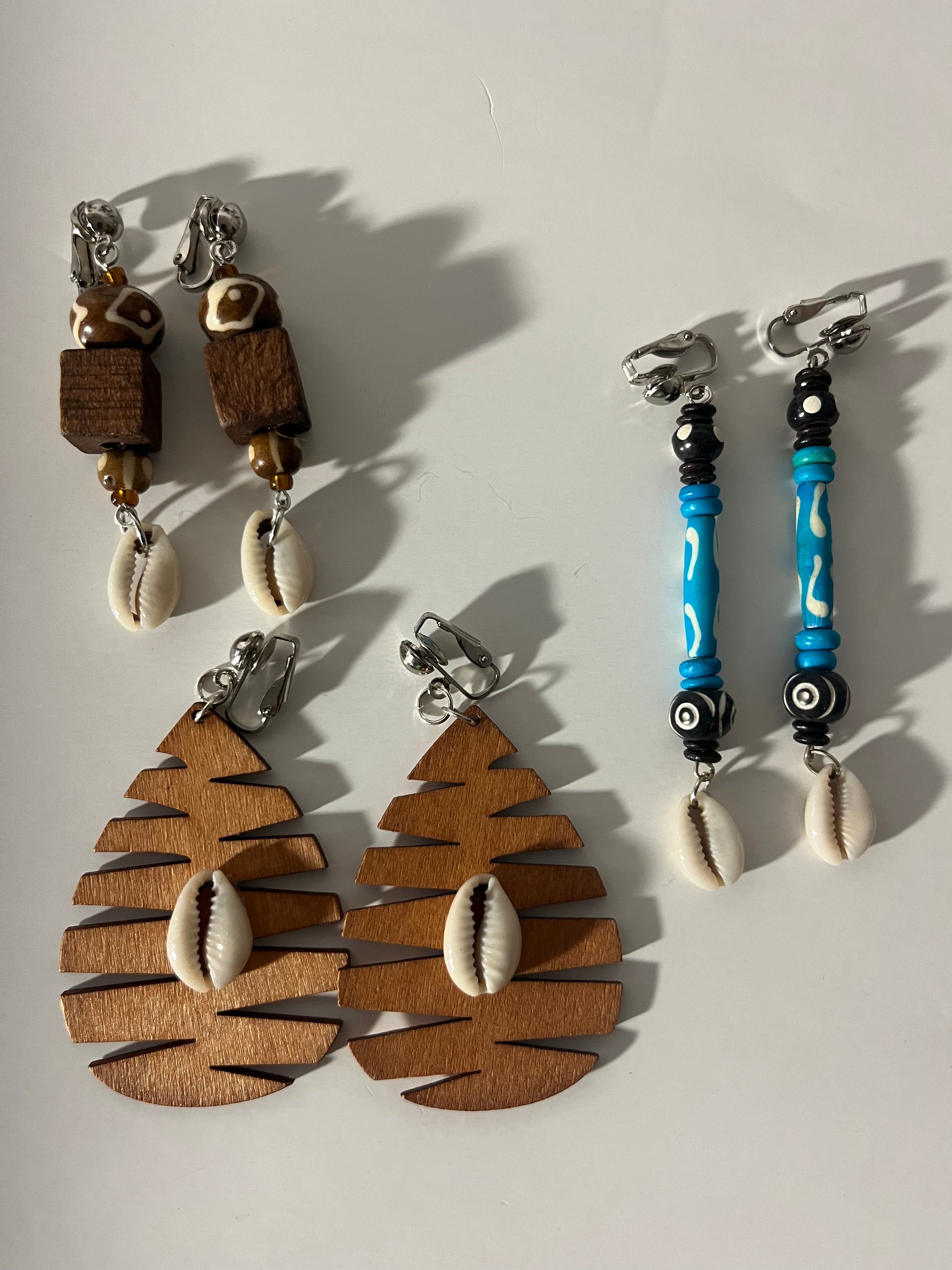 African Bone Cowrie Clip On Earrings 3 Pair Dangles 2-3" Boho Hippie USA Made E6