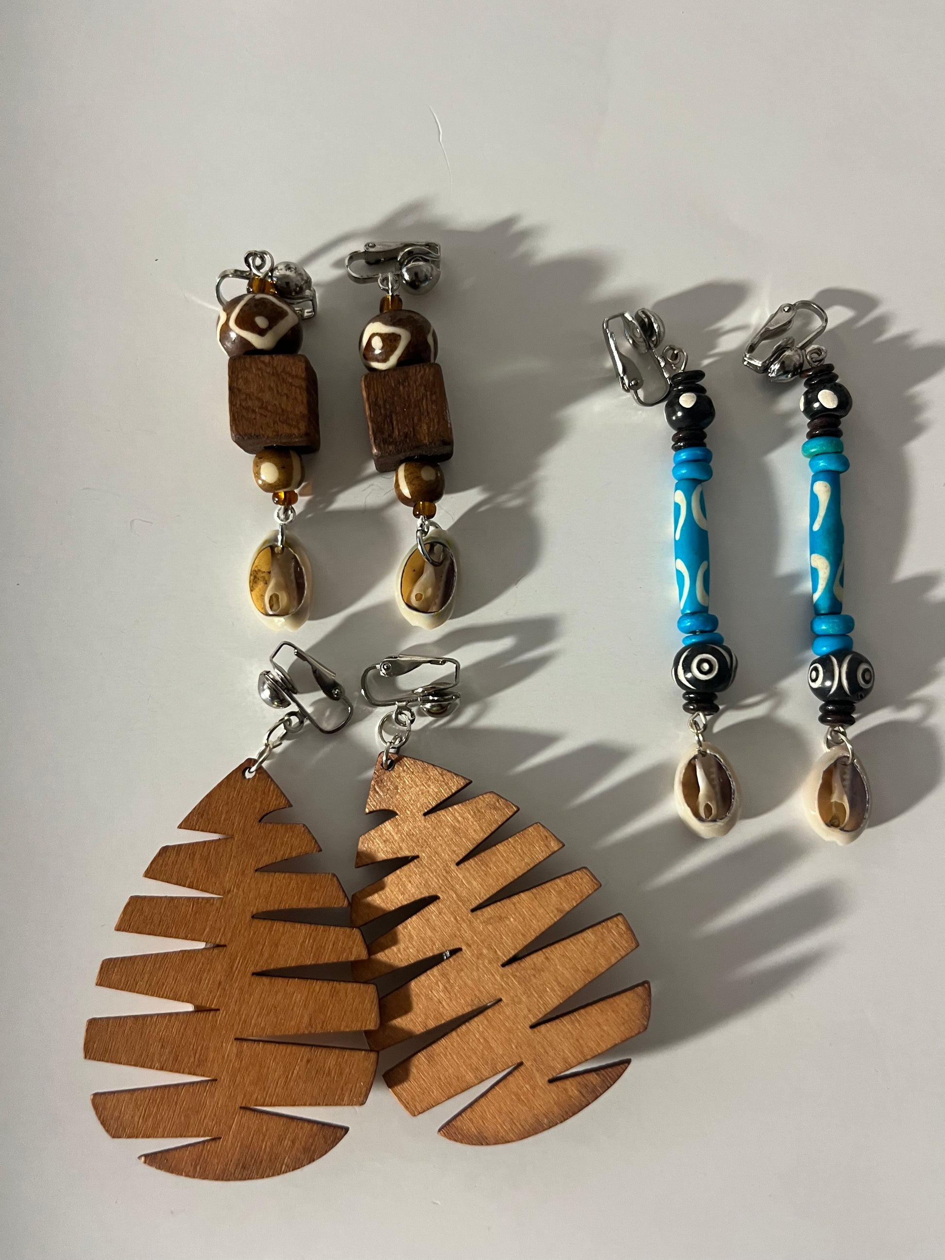 African Bone Cowrie Clip On Earrings 3 Pair Dangles 2-3" Boho Hippie USA Made E6