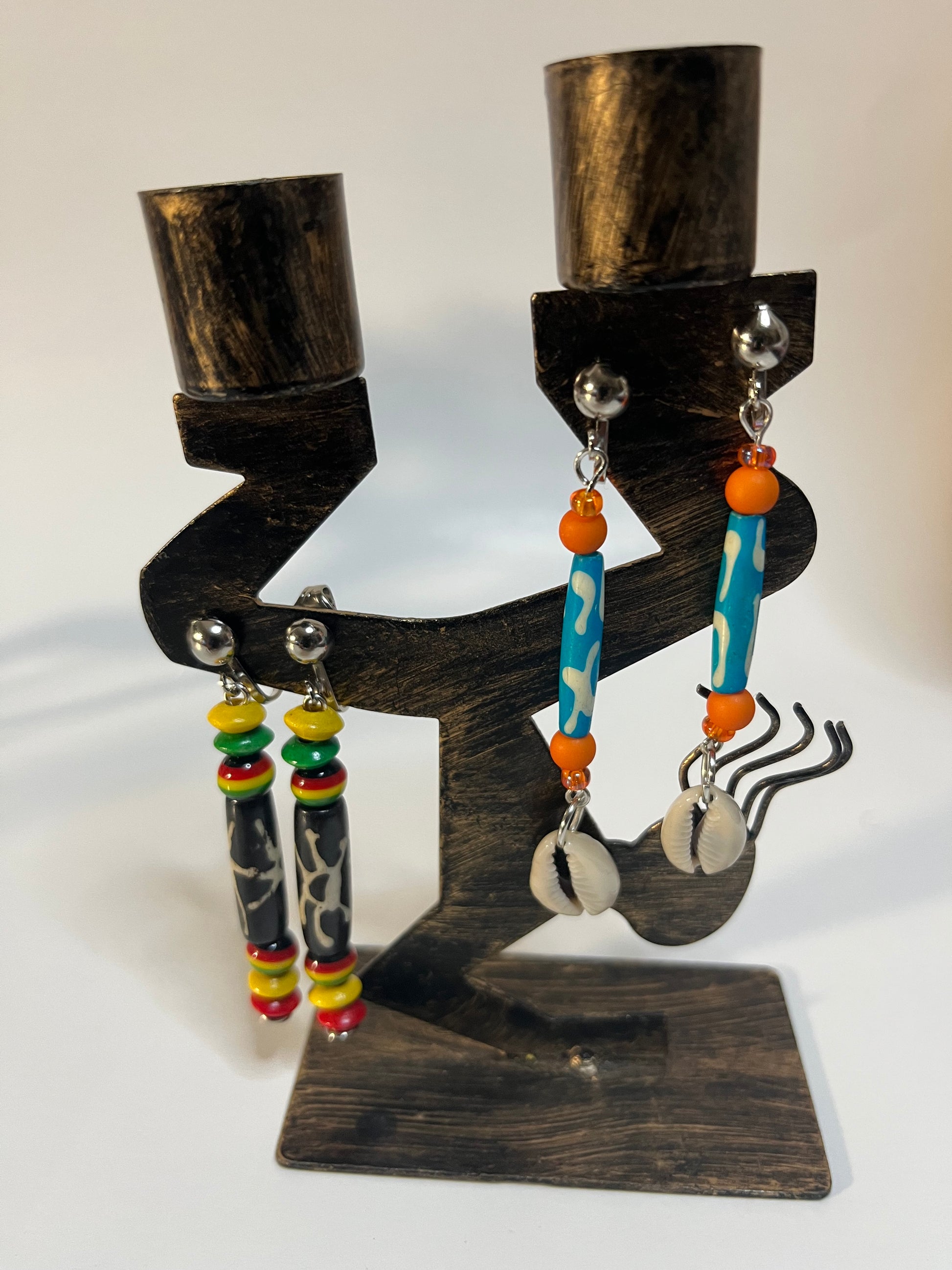 African Bone Cowrie Clip On Earrings 4 Pair Dangles 3-5" Boho Hippie USA Made E7