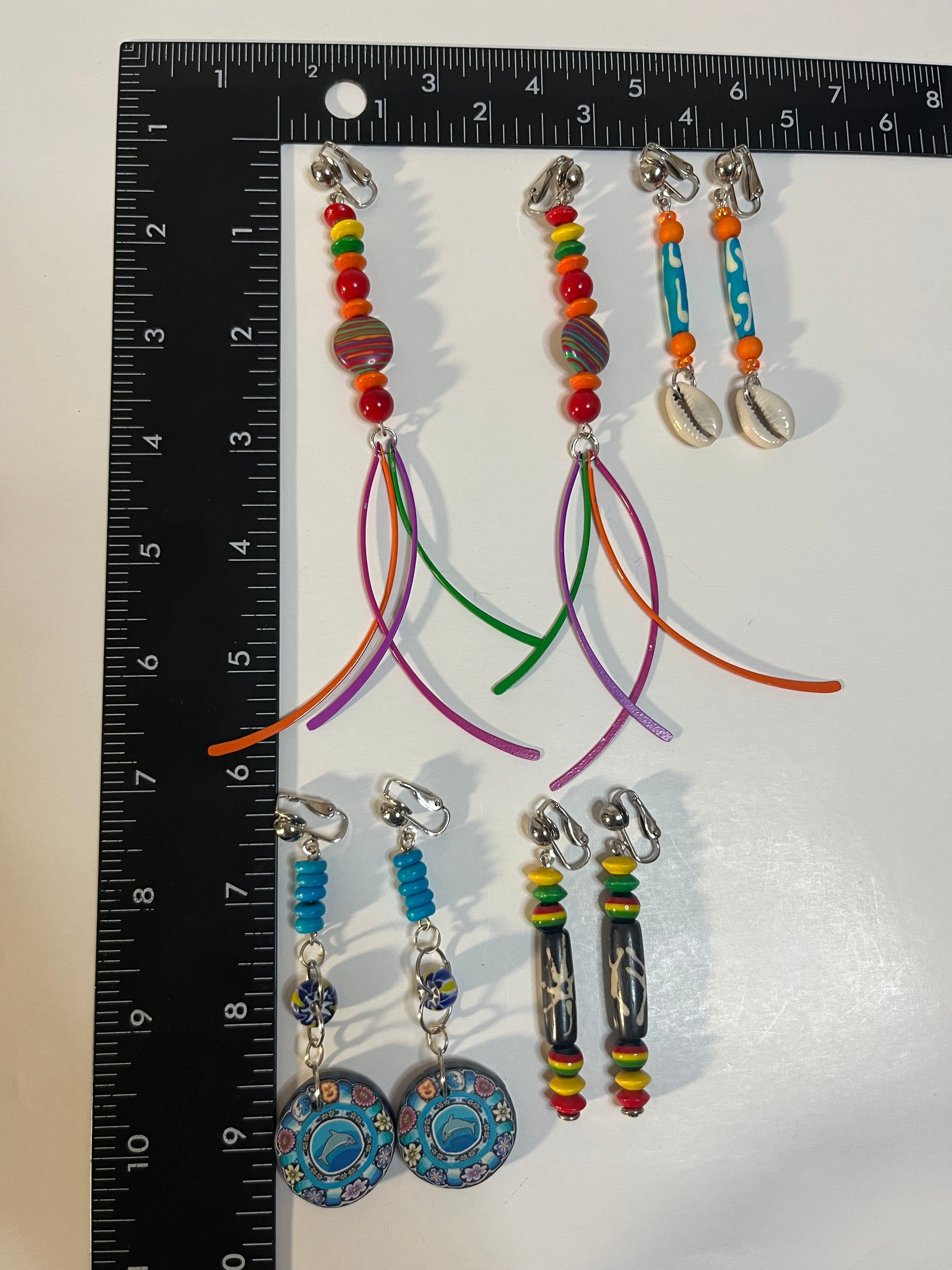 African Bone Cowrie Clip On Earrings 4 Pair Dangles 3-5" Boho Hippie USA Made E7