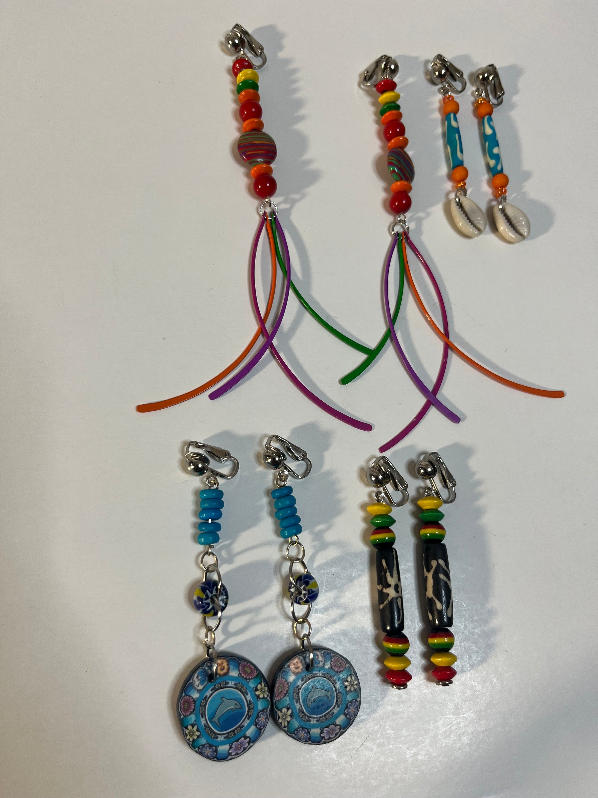 African Bone Cowrie Clip On Earrings 4 Pair Dangles 3-5" Boho Hippie USA Made E7