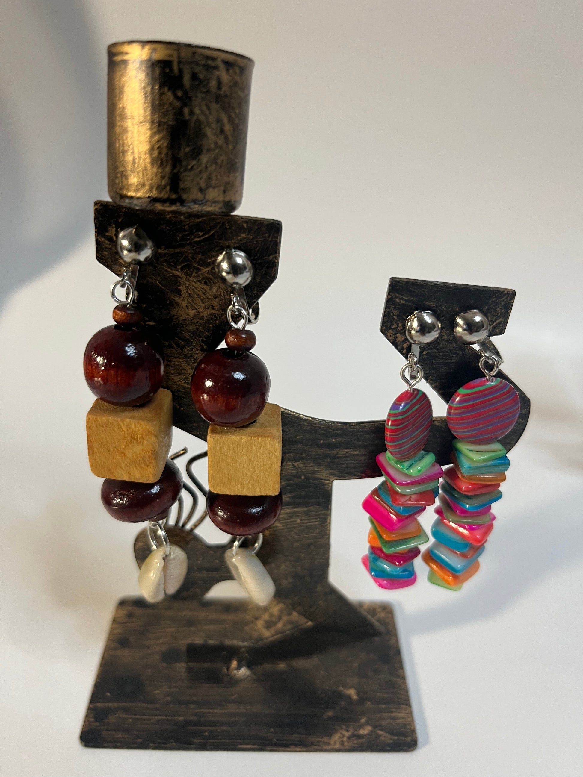 African Bone Cowrie Clip On Earrings 4 Pair Dangles 3-5" Boho Hippie USA Made E8
