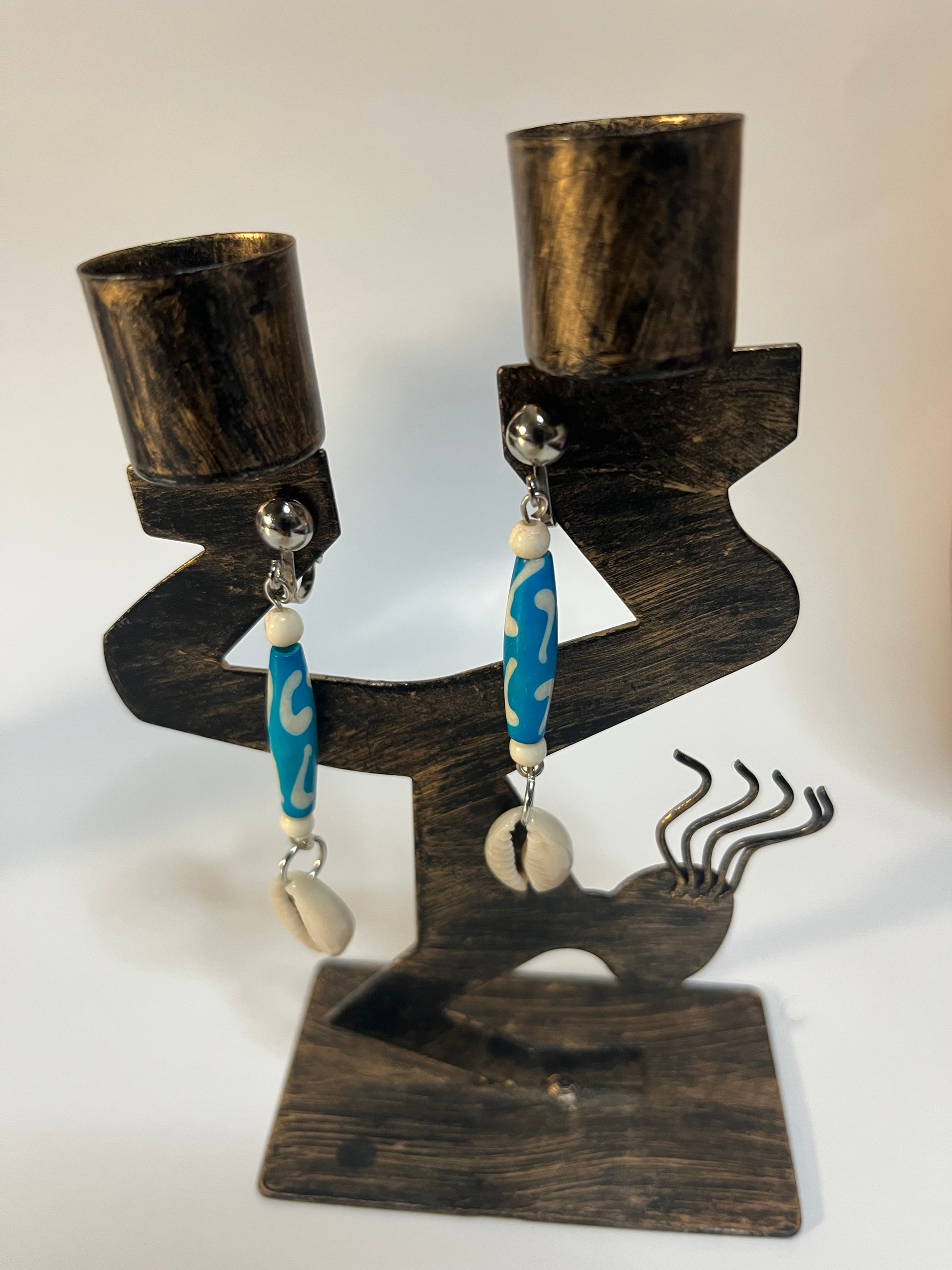 African Bone Cowrie Clip On Earrings 4 Pair Dangles 3-5" Boho Hippie USA Made E8