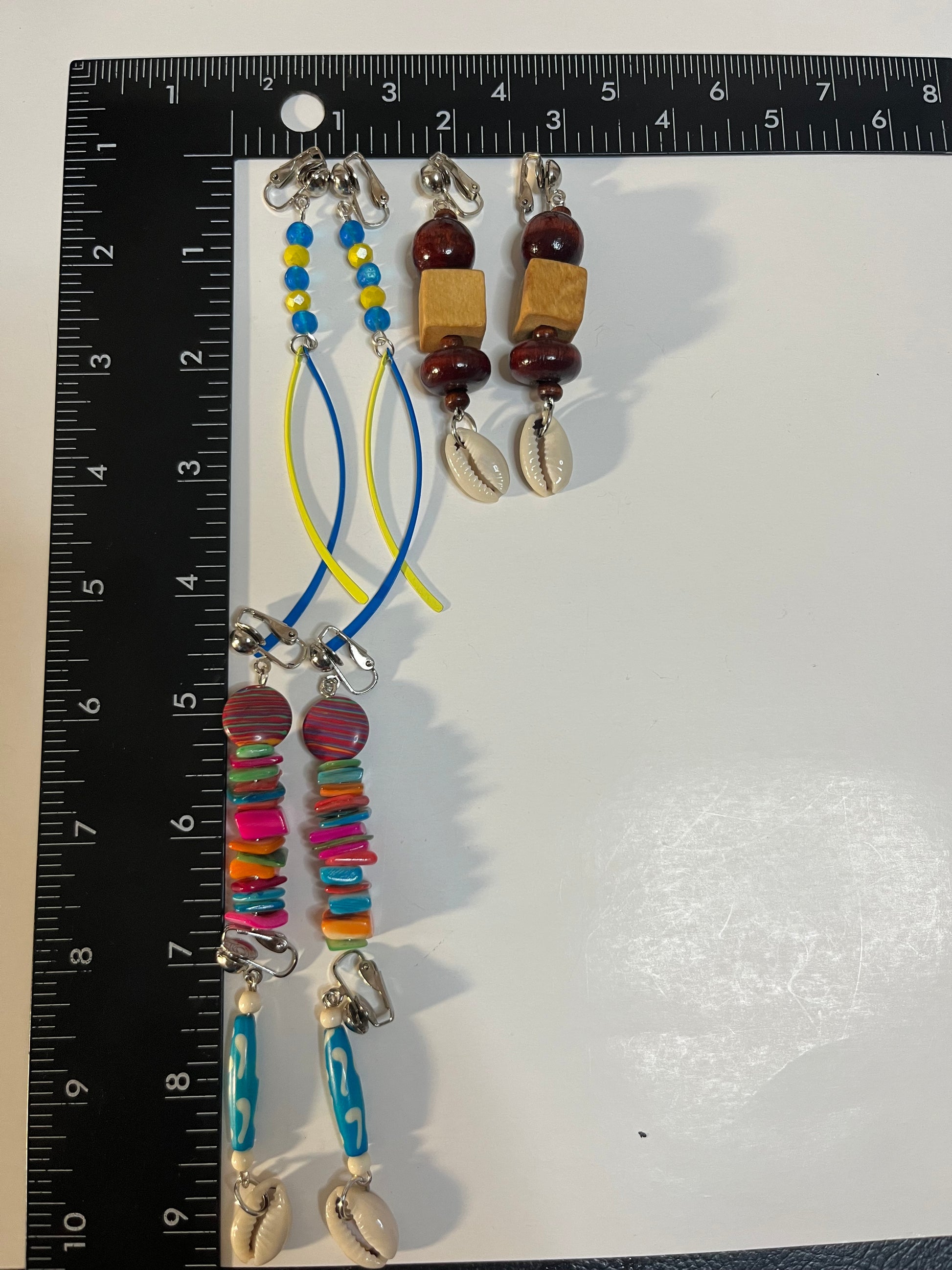 African Bone Cowrie Clip On Earrings 4 Pair Dangles 3-5" Boho Hippie USA Made E8