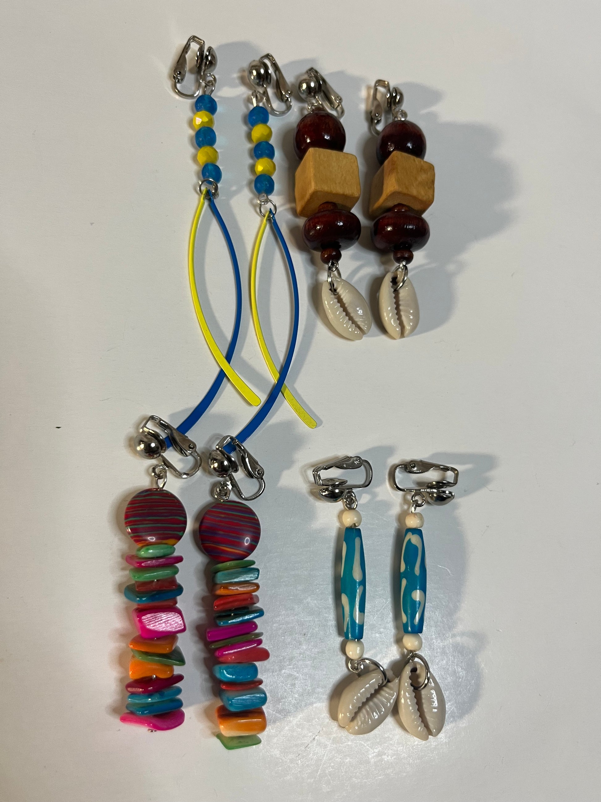 African Bone Cowrie Clip On Earrings 4 Pair Dangles 3-5" Boho Hippie USA Made E8
