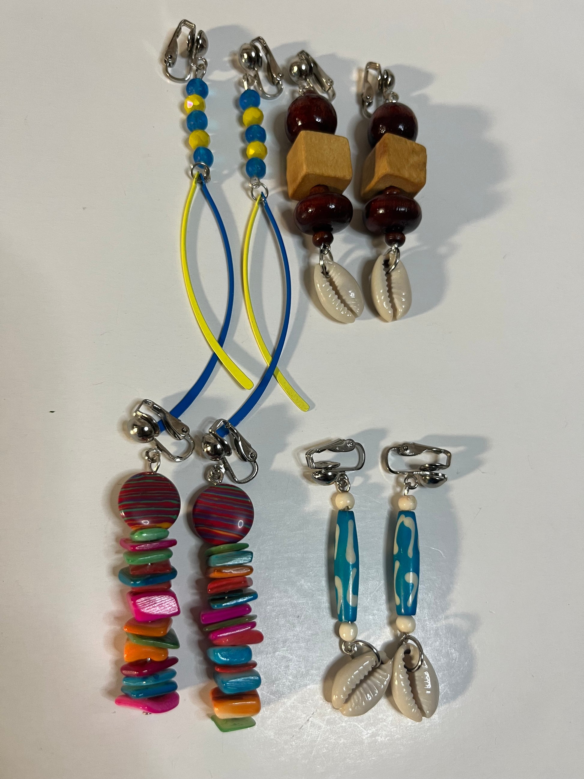 African Bone Cowrie Clip On Earrings 4 Pair Dangles 3-5" Boho Hippie USA Made E8