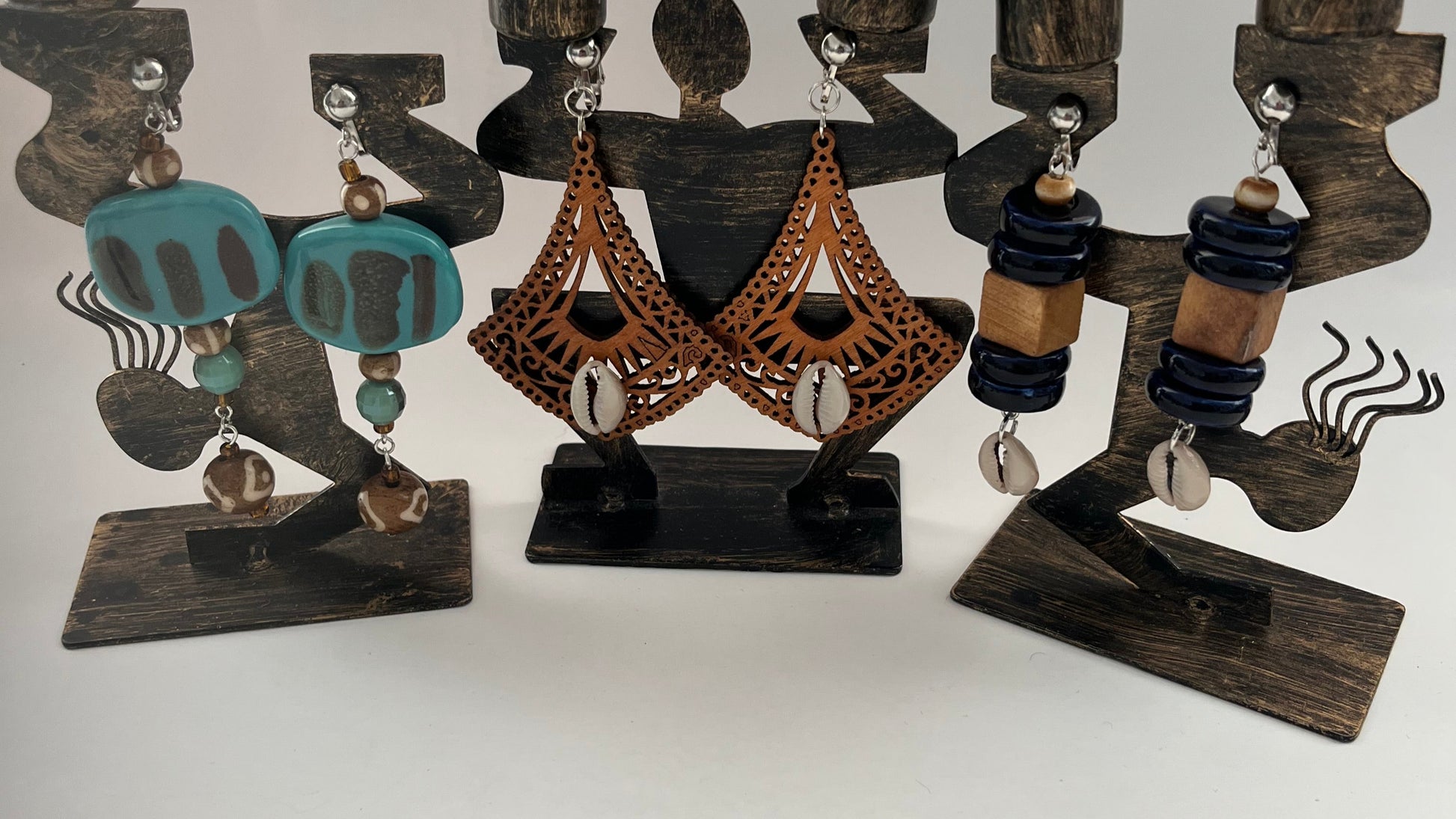African Bone Cowrie Clip On Earrings 3 Pair Dangles 2-3" Boho Hippie USA Made E1