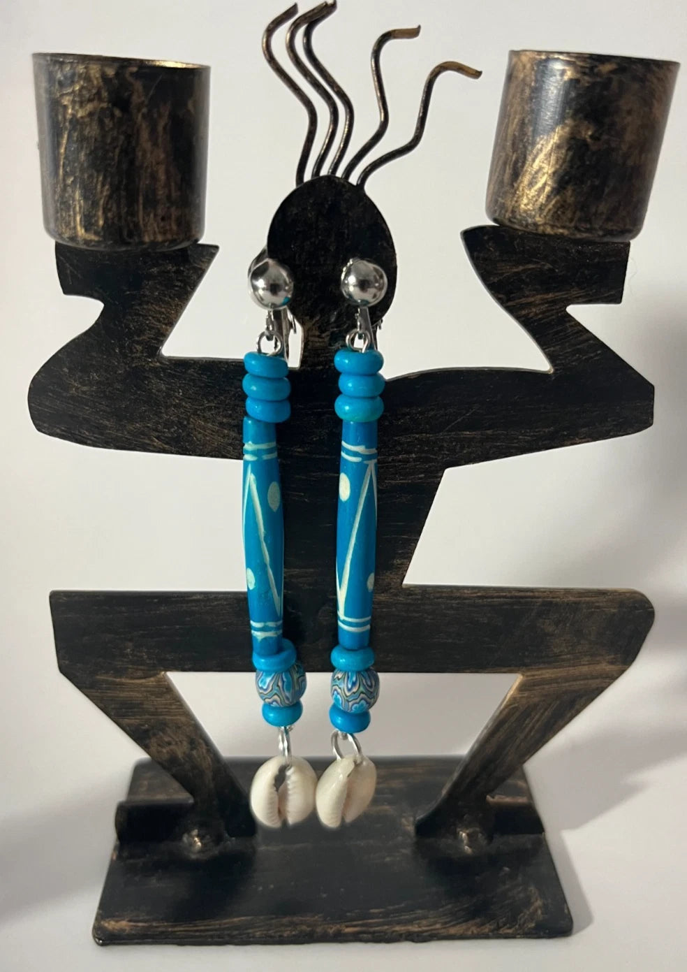 African Bone Cowrie Clip On Earrings 3 Pair Dangles 2-3" Boho Hippie USA Made E3