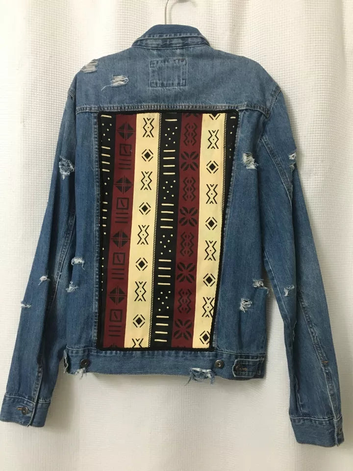 Unisex Jean Jacket Blue Denim Cotton Size Medium African Fabric One of a Kind OOAK