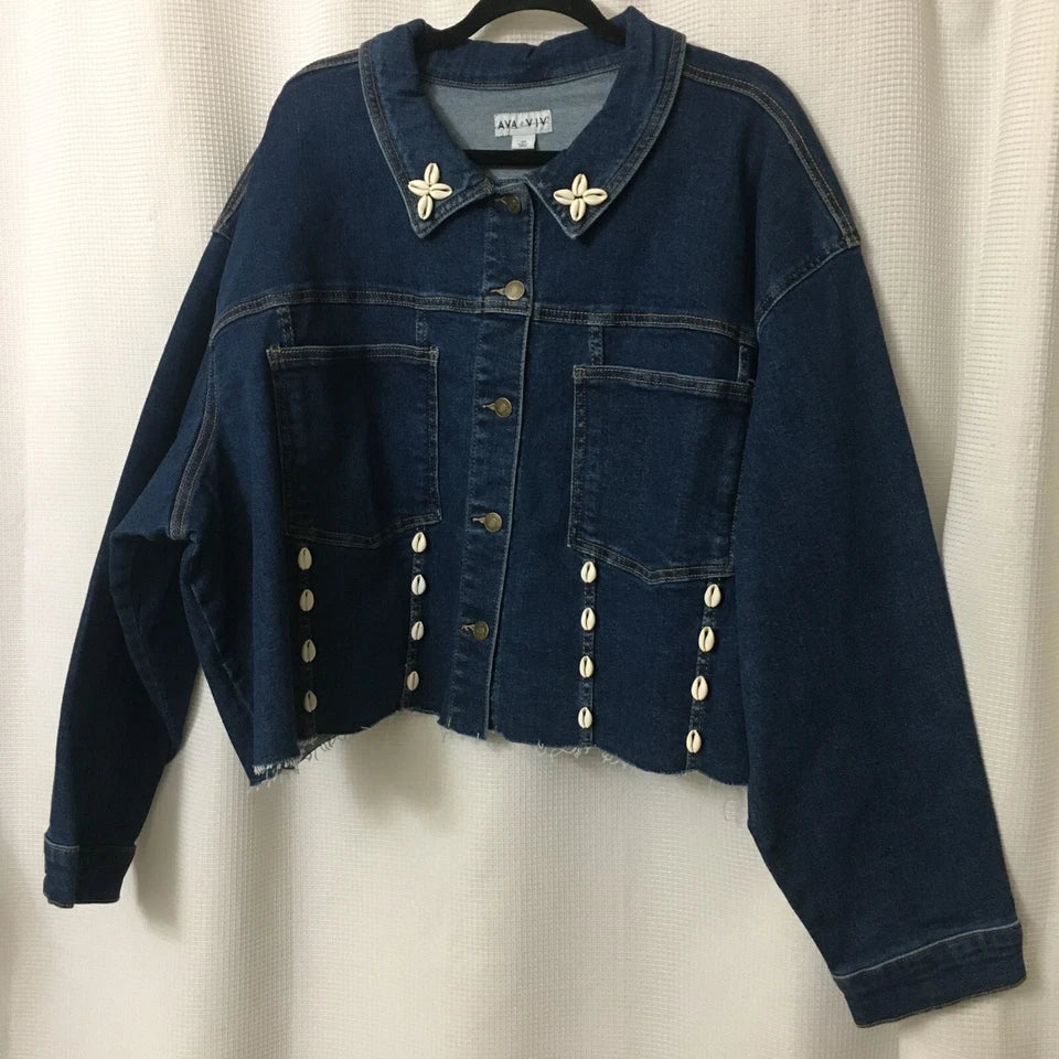 Stretch Jean Jacket Crop Women Plus Sz 4X Blue Denim African Cowrie Shells OOAK Back2School