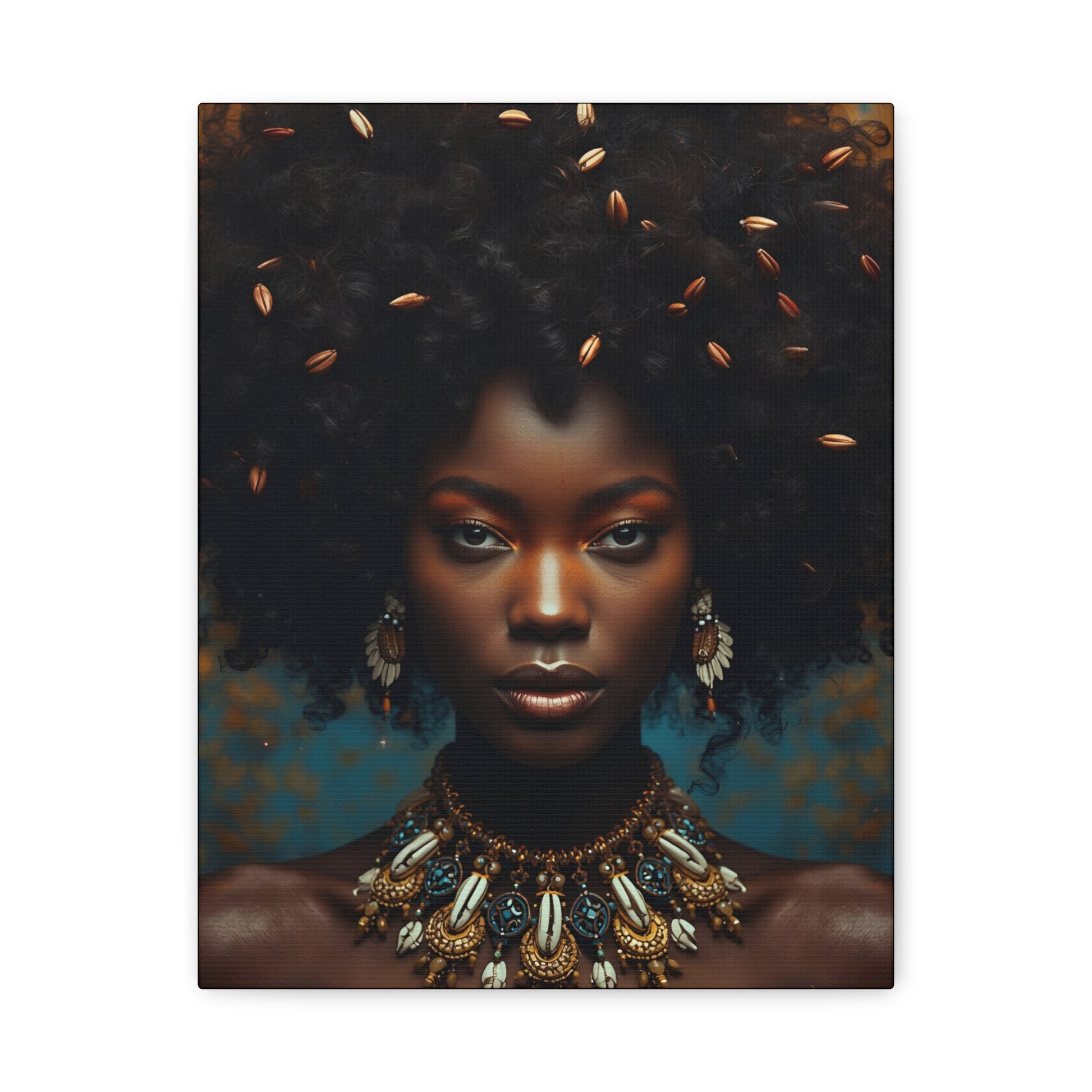 African Cowrie Shell Hair Cultural Portrait Canvas Print, 11x14" Wall Art, Home Decor, Ethnic Artwork, Gift Idea for Art Lovers, Bohemian Decoration