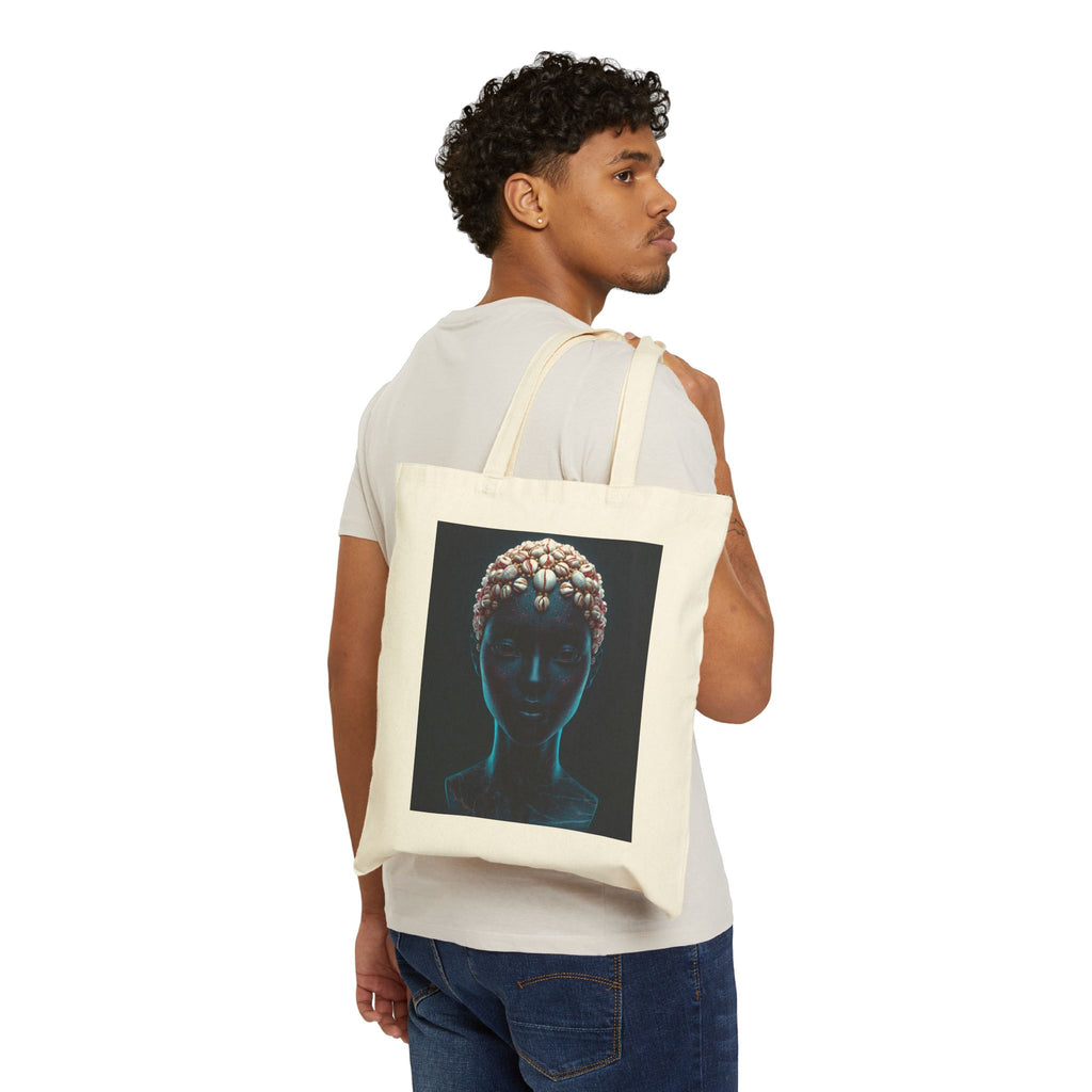 African Cowrie Shell Print Blue Satin Sculpture Canvas Tote Bag with Unique Black Figure Art | Eco-Friendly Shopping Bag, Beach Tote, Gift for Art Lovers, Stylish Carryall