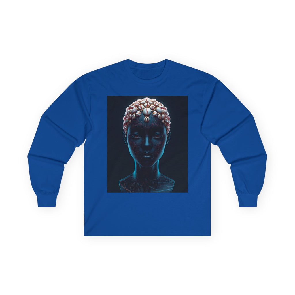 Satin Blue Black African Woman Cowrie Shell Artistic Long Sleeve Tee with Abstract Design - Unisex Cotton Shirt, Gift for Art Lovers, Unique Fashion Statement, Comfortable Wear, [...]