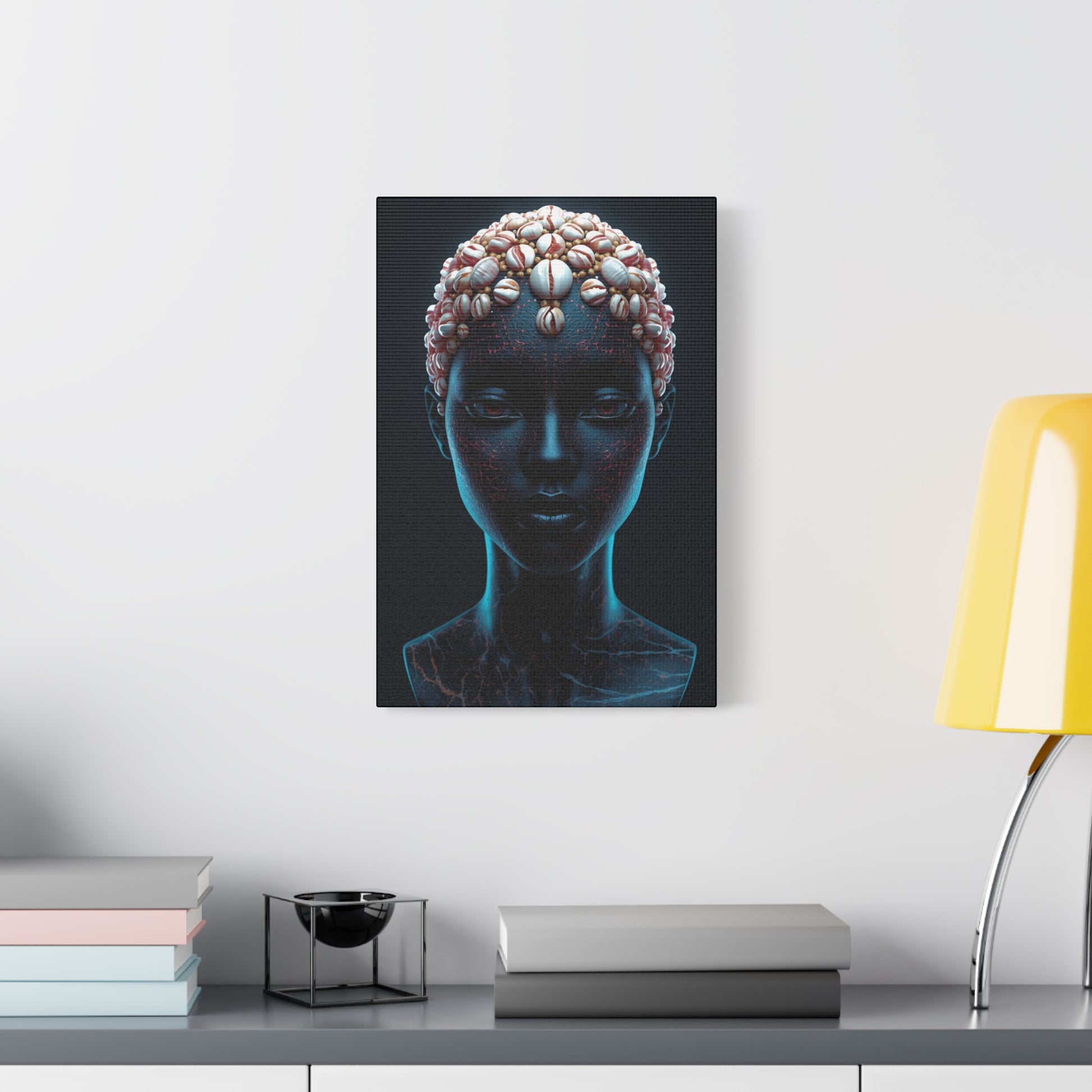 Satin Blue Black African Cowrie Shell Portrait Canvas Print, 12X18" Wall Art, Home Decor, Ethnic Artwork, Gift Idea for Art Lovers, Bohemian Decoration
