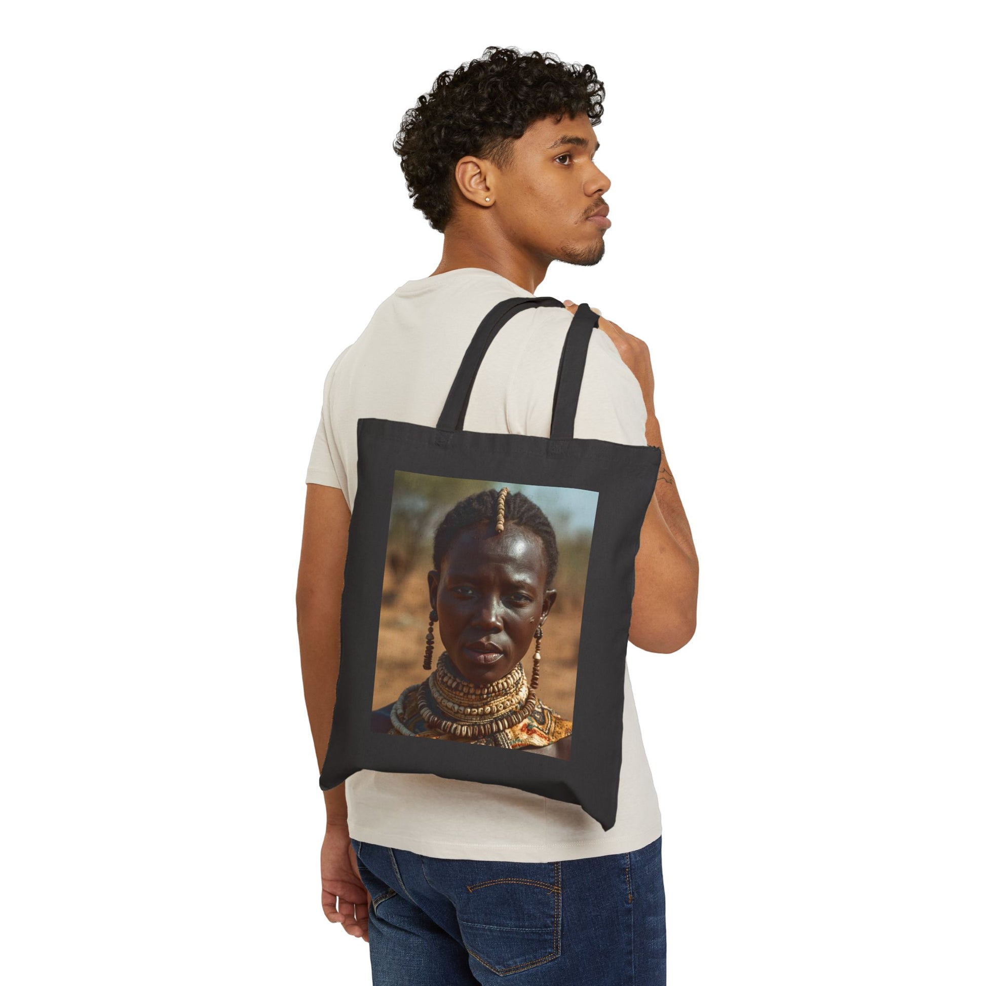 African Beauty in Cowrie Shell Tote Bag, Eco-Friendly Canvas, Shopping Bag, Gift for Her, Bohemian Style, Art Tote, Sustainable Fashion