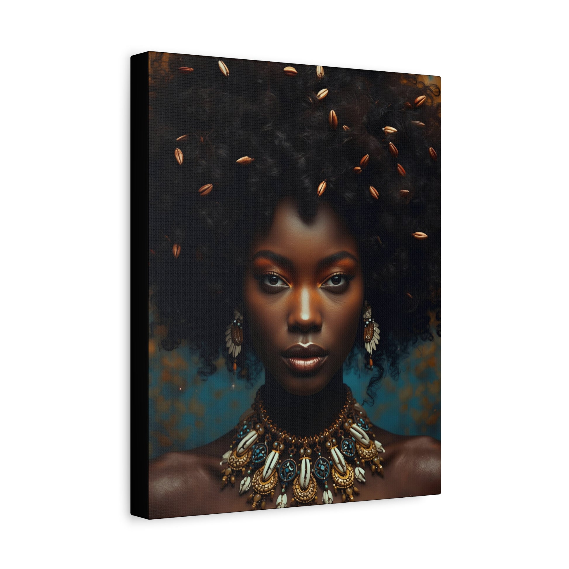 African Cowrie Shell Hair Cultural Portrait Canvas Print, 11x14" Wall Art, Home Decor, Ethnic Artwork, Gift Idea for Art Lovers, Bohemian Decoration