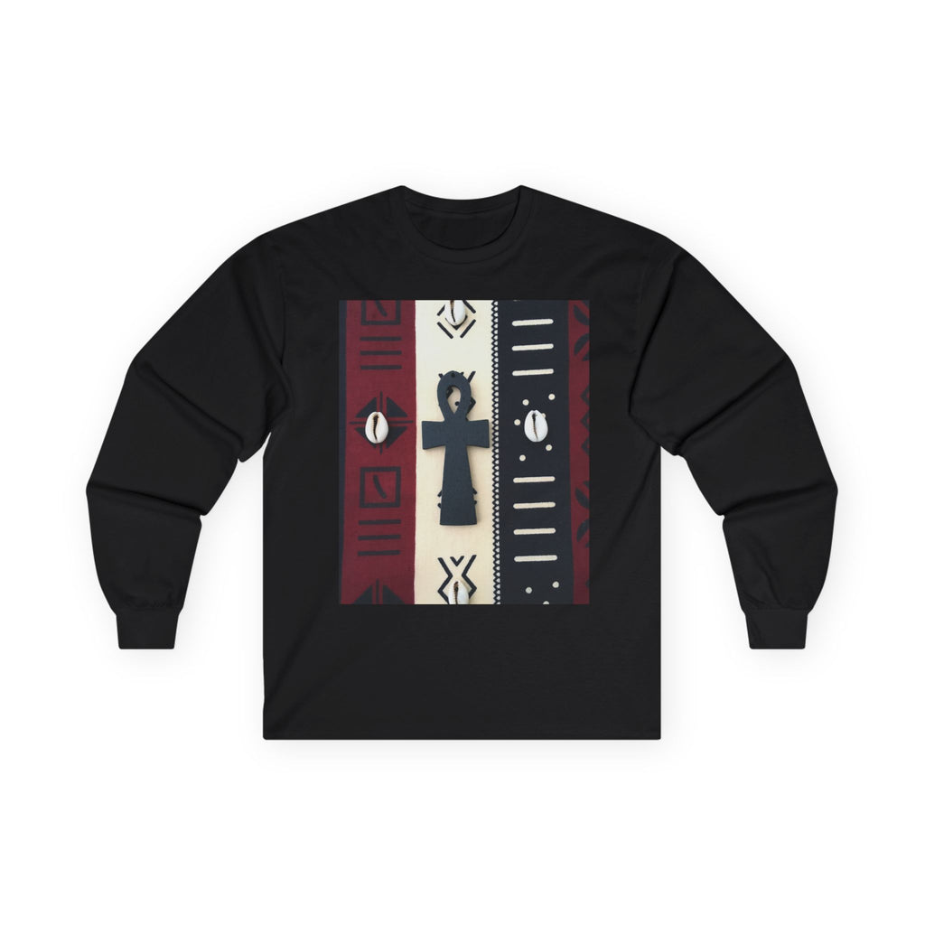 African Mudcloth Cowrie Shell Ankh Print Cultural Print Long Sleeve Tee, Ethnic Art T-Shirt, Unisex Graphic Tee, Unique Gift, Casual Wear, Holiday Apparel, Celebration Top