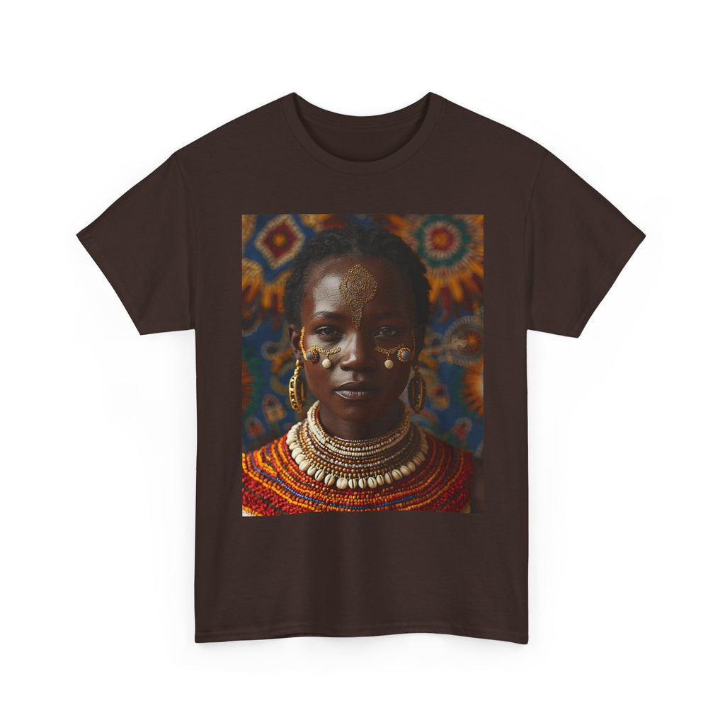Africa Tribal Cowrie Shells Cultural Portrait Unisex Heavy Cotton Tee, Orange Ethnic Art Shirt, Unique Gift, Bohemian Style Top, Comfortable Everyday Wear