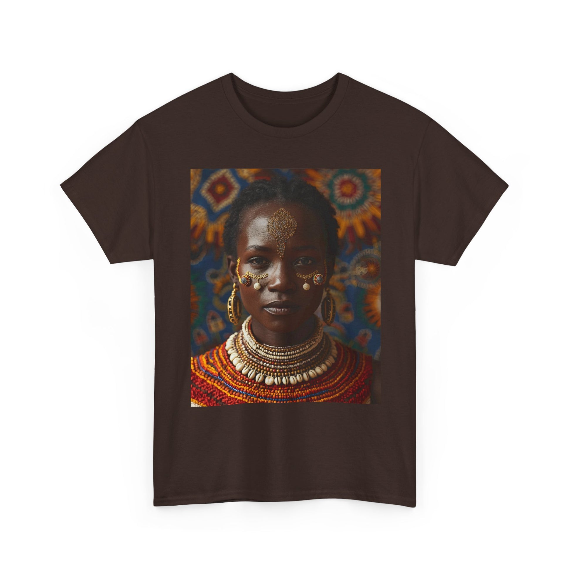 Africa Tribal Cowrie Shells Cultural Portrait Unisex Heavy Cotton Tee, Orange Ethnic Art Shirt, Unique Gift, Bohemian Style Top, Comfortable Everyday Wear