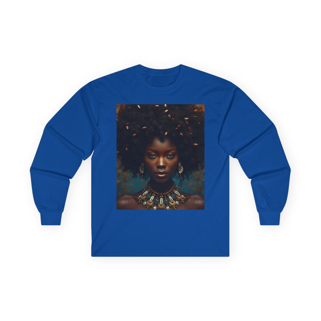 African Woman Cowrie Shell Hair Afro Artistic Long Sleeve Tee with Abstract Design - Unisex Cotton Shirt, Gift for Art Lovers, Unique Fashion Statement, Comfortable Wear, [...]
