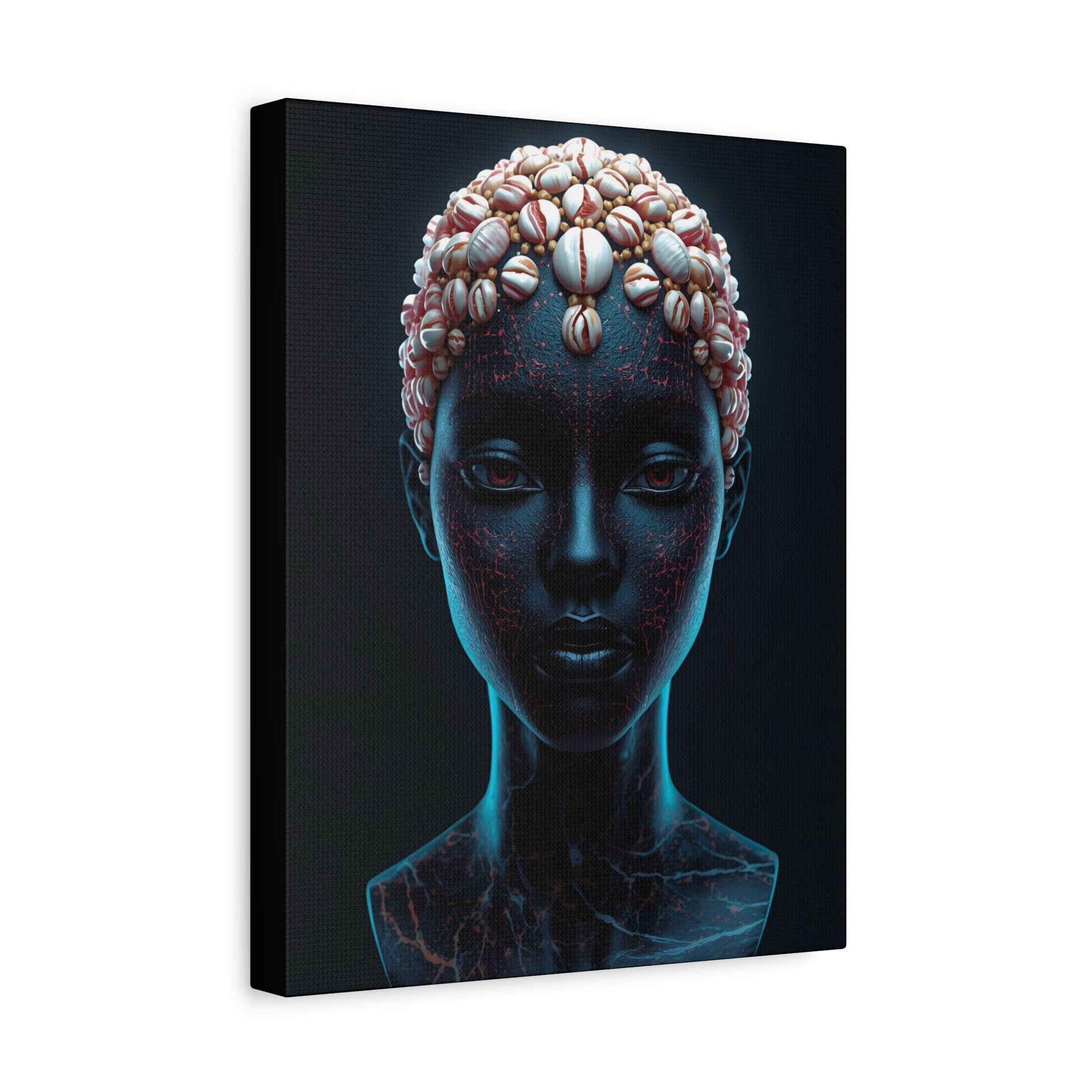 Satin Blue Black African Cowrie Shell Portrait Canvas Print, 11X14" Wall Art, Home Decor, Ethnic Artwork, Gift Idea for Art Lovers, Bohemian Decoration