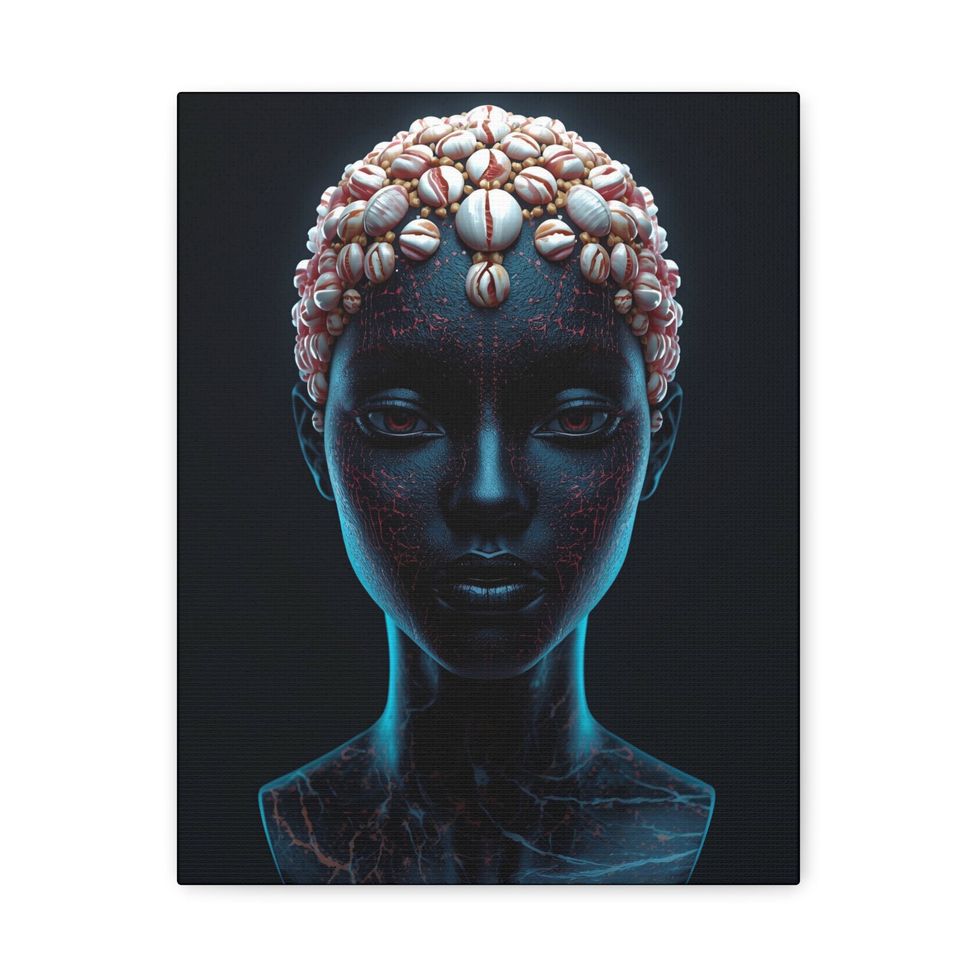 Satin Blue Black African Cowrie Shell Portrait Canvas Print, 11X14" Wall Art, Home Decor, Ethnic Artwork, Gift Idea for Art Lovers, Bohemian Decoration