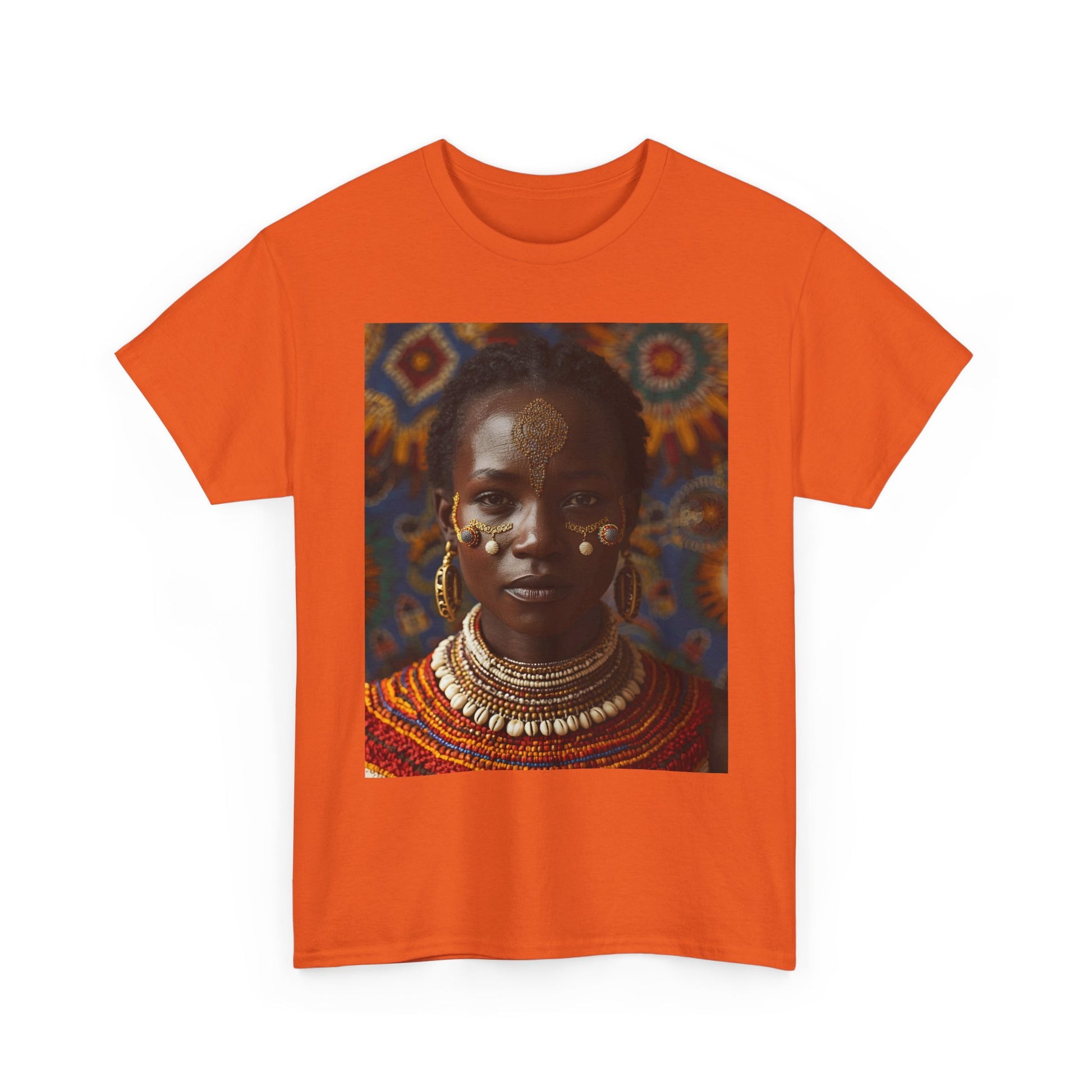 Africa Tribal Cowrie Shells Cultural Portrait Unisex Heavy Cotton Tee, Orange Ethnic Art Shirt, Unique Gift, Bohemian Style Top, Comfortable Everyday Wear
