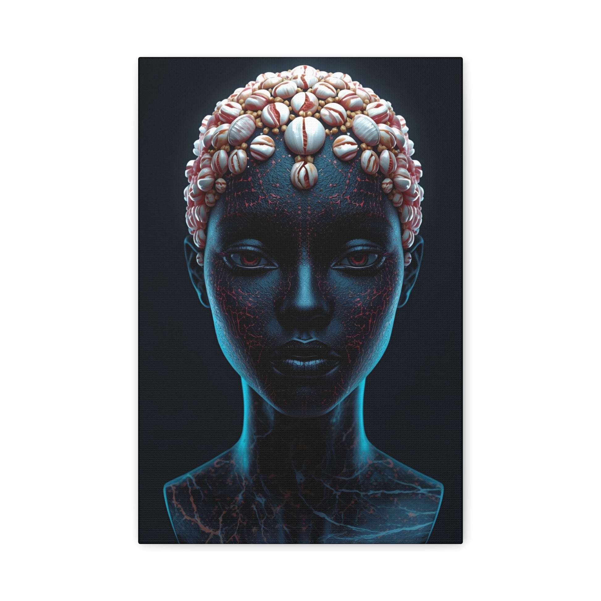 Satin Blue Black African Cowrie Shell Portrait Canvas Print, 12X18" Wall Art, Home Decor, Ethnic Artwork, Gift Idea for Art Lovers, Bohemian Decoration