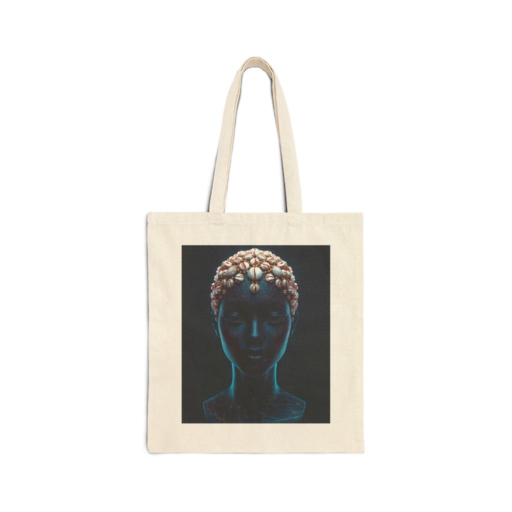 African Cowrie Shell Print Blue Satin Sculpture Canvas Tote Bag with Unique Black Figure Art | Eco-Friendly Shopping Bag, Beach Tote, Gift for Art Lovers, Stylish Carryall
