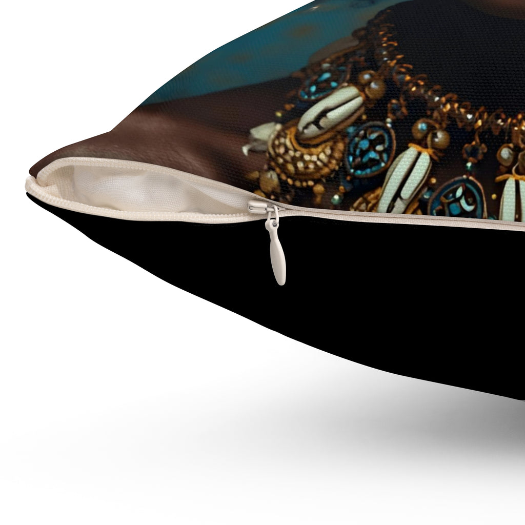 Elegant African Cowrie Shell Hair Square Pillow, 14x14" Home Decor, Living Room Accent, Black Art Pillow, Gift for Her, Cultural Decor