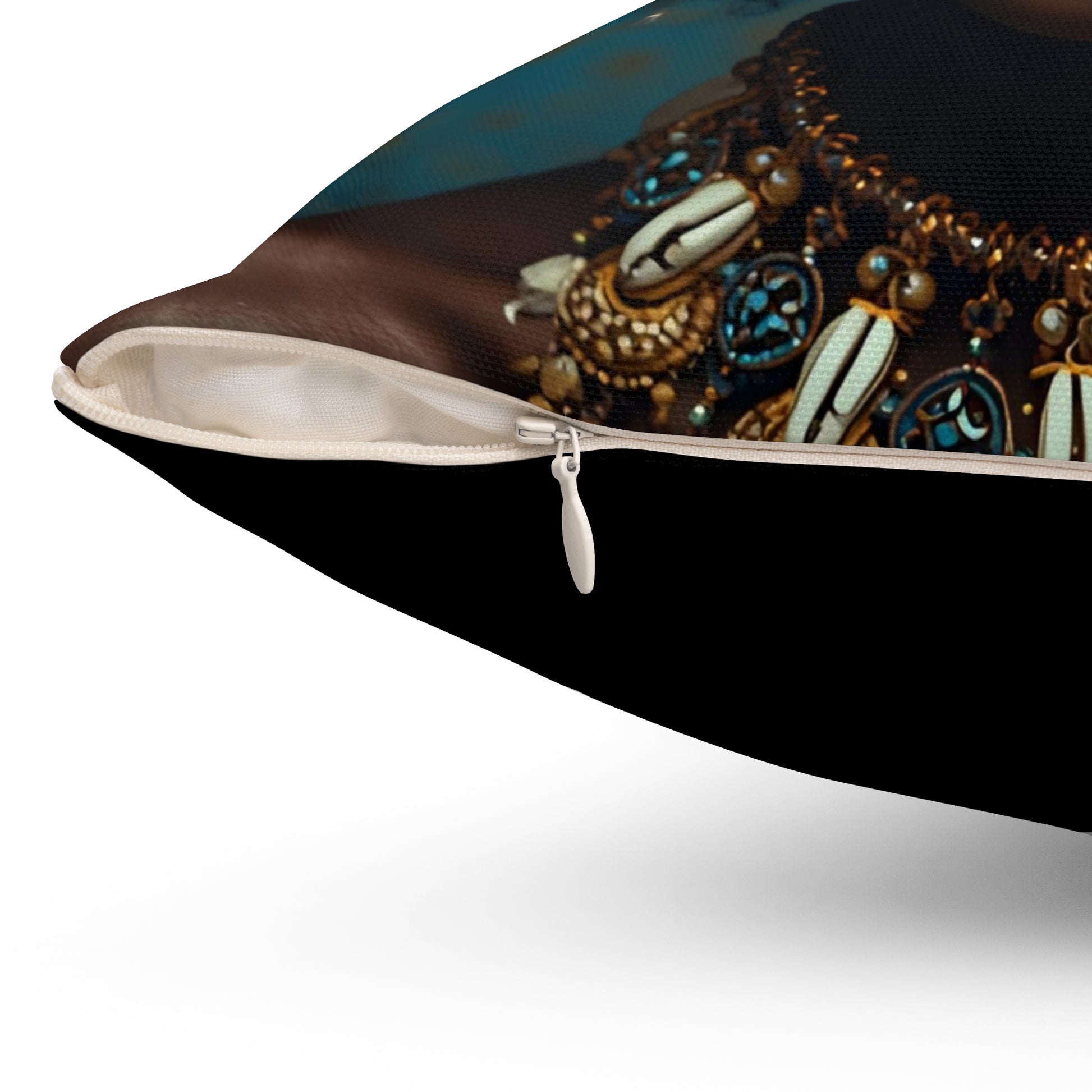 Elegant African Cowrie Shell Hair Square Pillow, 14x14" Home Decor, Living Room Accent, Black Art Pillow, Gift for Her, Cultural Decor