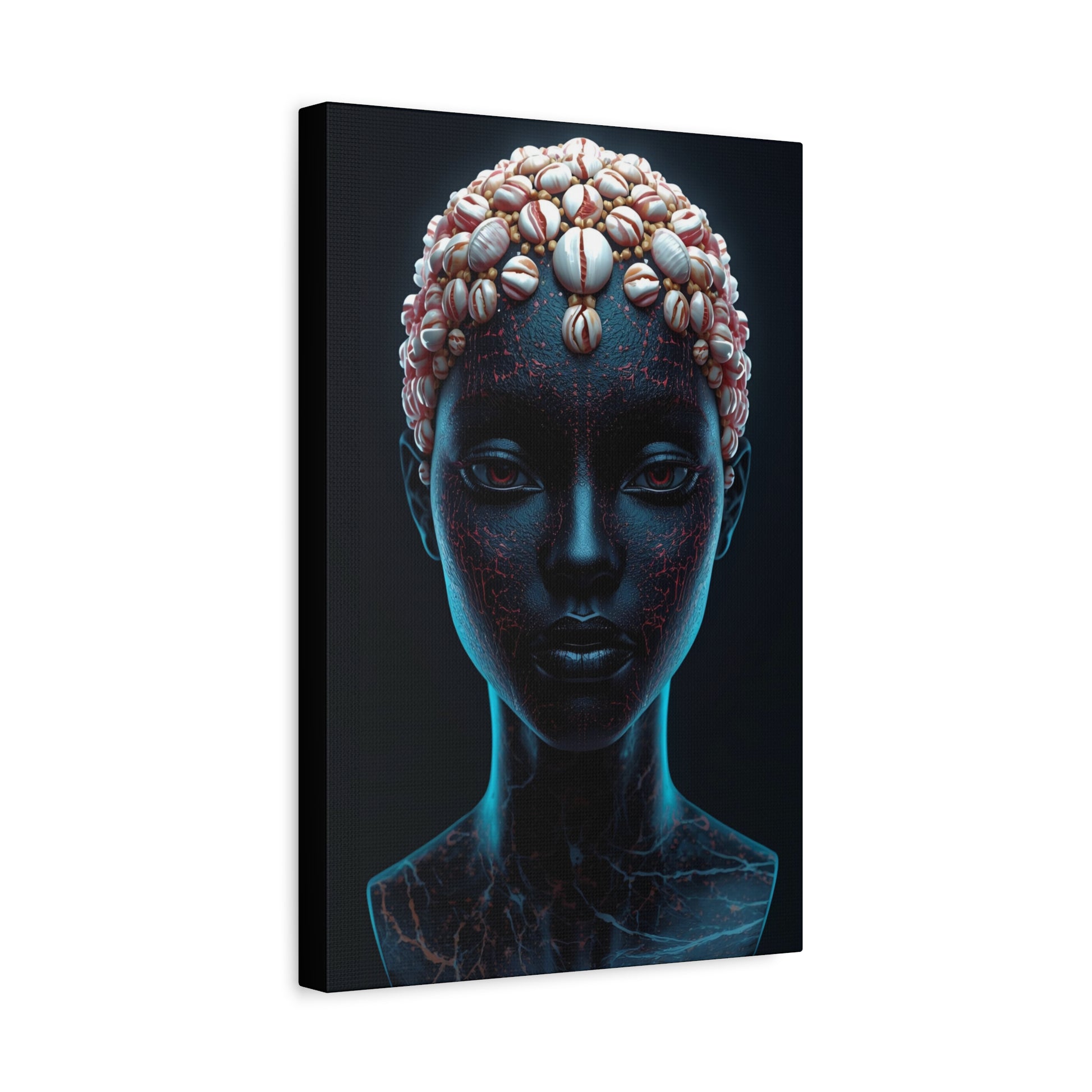 Satin Blue Black African Cowrie Shell Portrait Canvas Print, 12X18" Wall Art, Home Decor, Ethnic Artwork, Gift Idea for Art Lovers, Bohemian Decoration