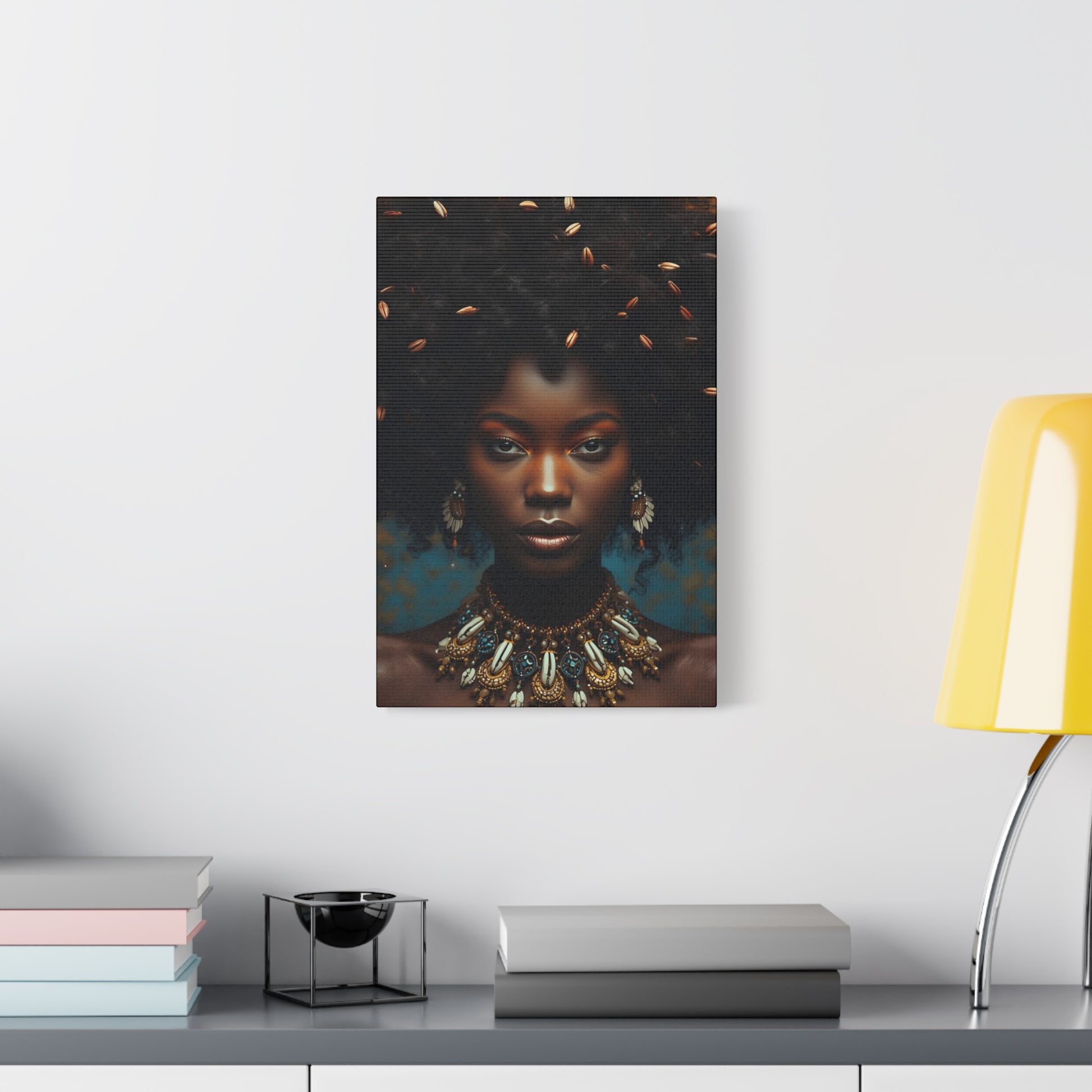 African Cowrie Shell Hair Portrait Canvas Print, 12X18" Wall Art, Home Decor, Ethnic Artwork, Gift Idea for Art Lovers, Bohemian Decoration