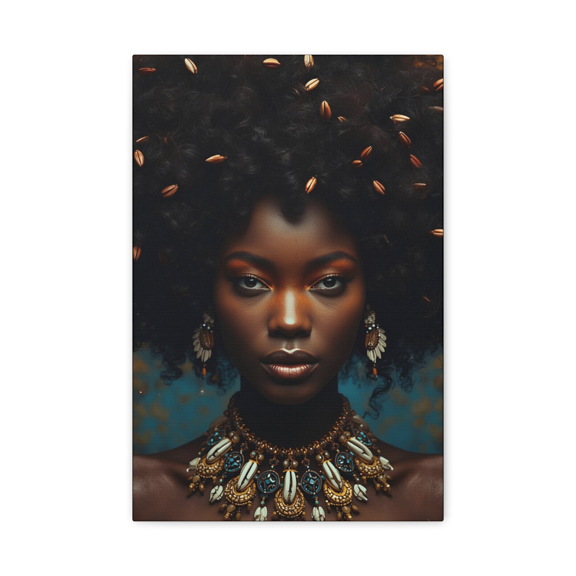 African Cowrie Shell Hair Portrait Canvas Print, 12X18" Wall Art, Home Decor, Ethnic Artwork, Gift Idea for Art Lovers, Bohemian Decoration