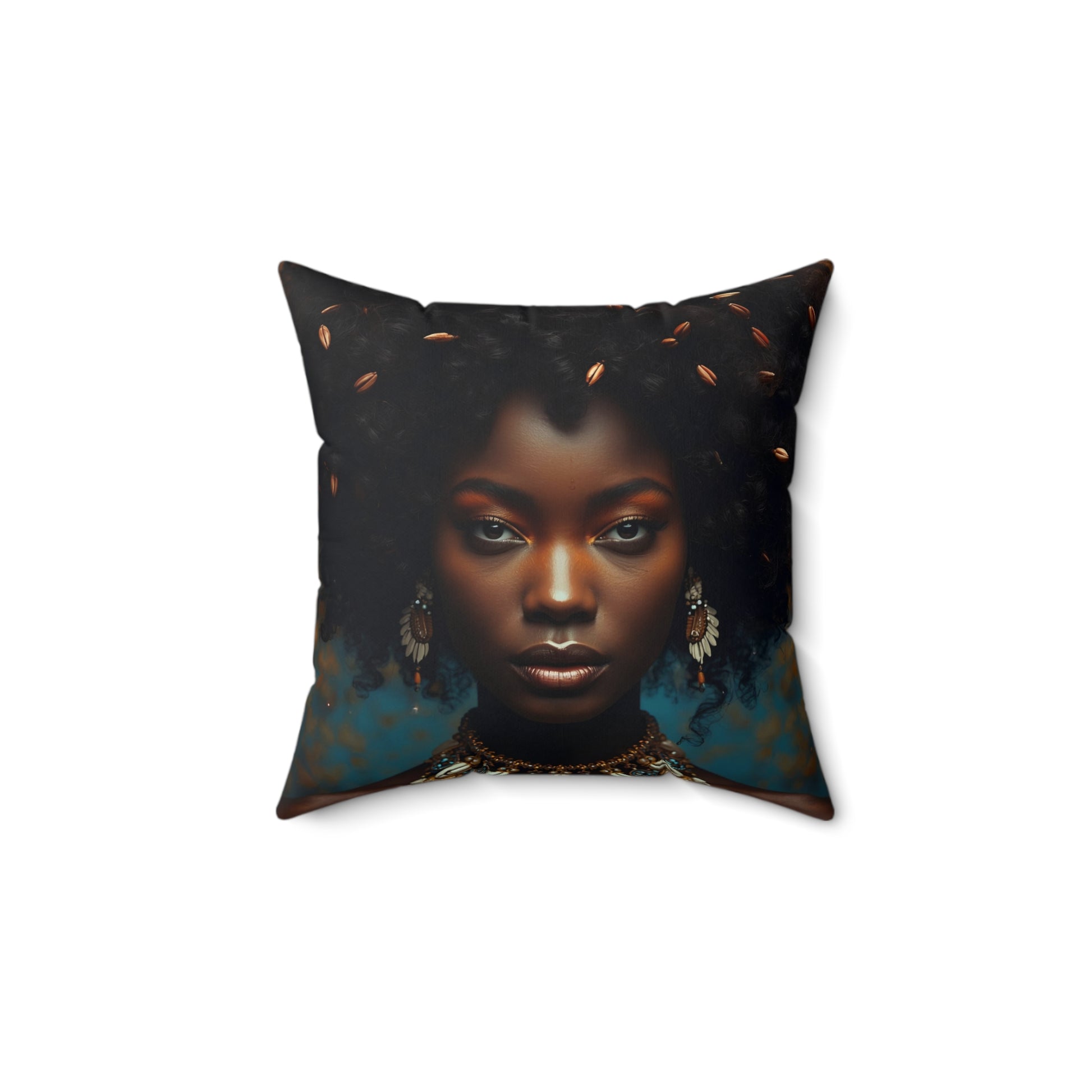 Elegant African Cowrie Shell Hair Square Pillow, 14x14" Home Decor, Living Room Accent, Black Art Pillow, Gift for Her, Cultural Decor