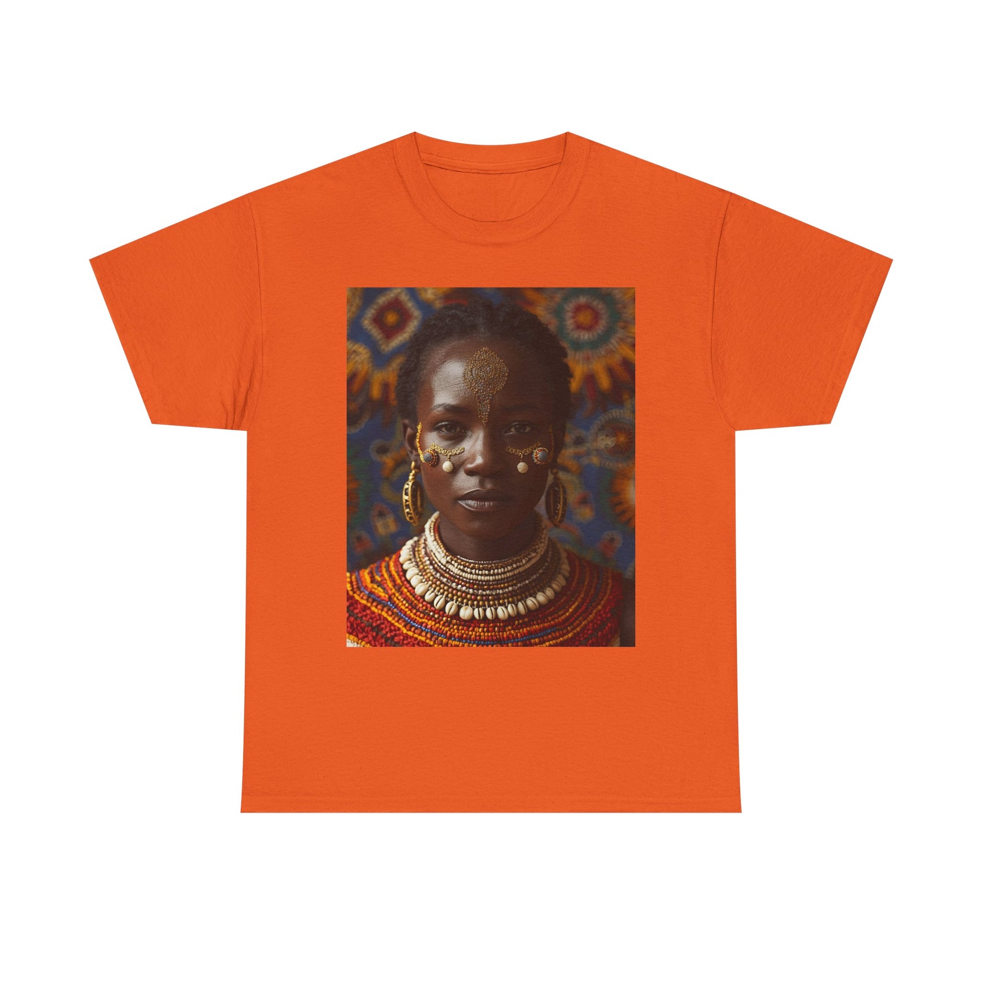 Africa Tribal Cowrie Shells Cultural Portrait Unisex Heavy Cotton Tee, Orange Ethnic Art Shirt, Unique Gift, Bohemian Style Top, Comfortable Everyday Wear