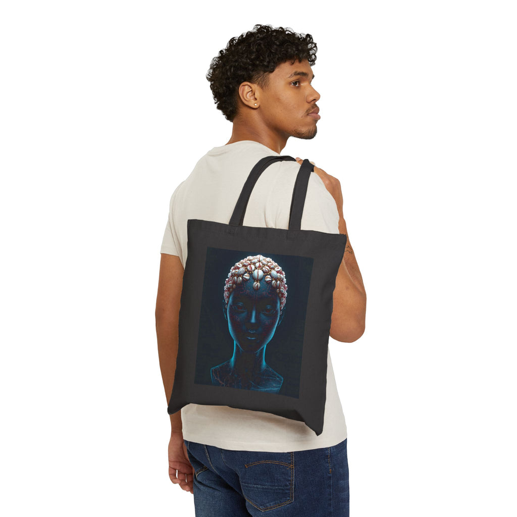 African Cowrie Shell Print Blue Satin Sculpture Canvas Tote Bag with Unique Black Figure Art | Eco-Friendly Shopping Bag, Beach Tote, Gift for Art Lovers, Stylish Carryall
