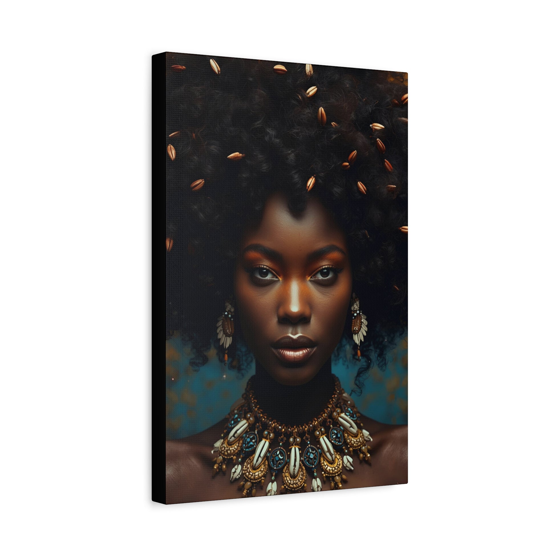 African Cowrie Shell Hair Portrait Canvas Print, 12X18" Wall Art, Home Decor, Ethnic Artwork, Gift Idea for Art Lovers, Bohemian Decoration