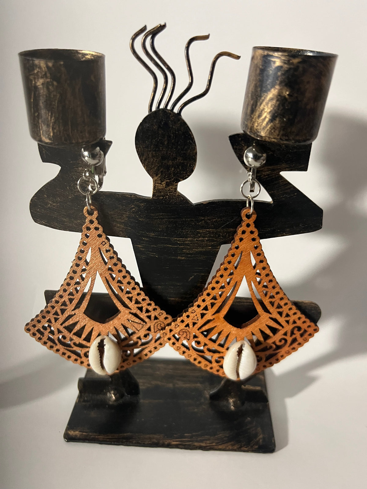 African Bone Cowrie Clip On Earrings 3 Pair Dangles 2-3" Boho Hippie USA Made E1