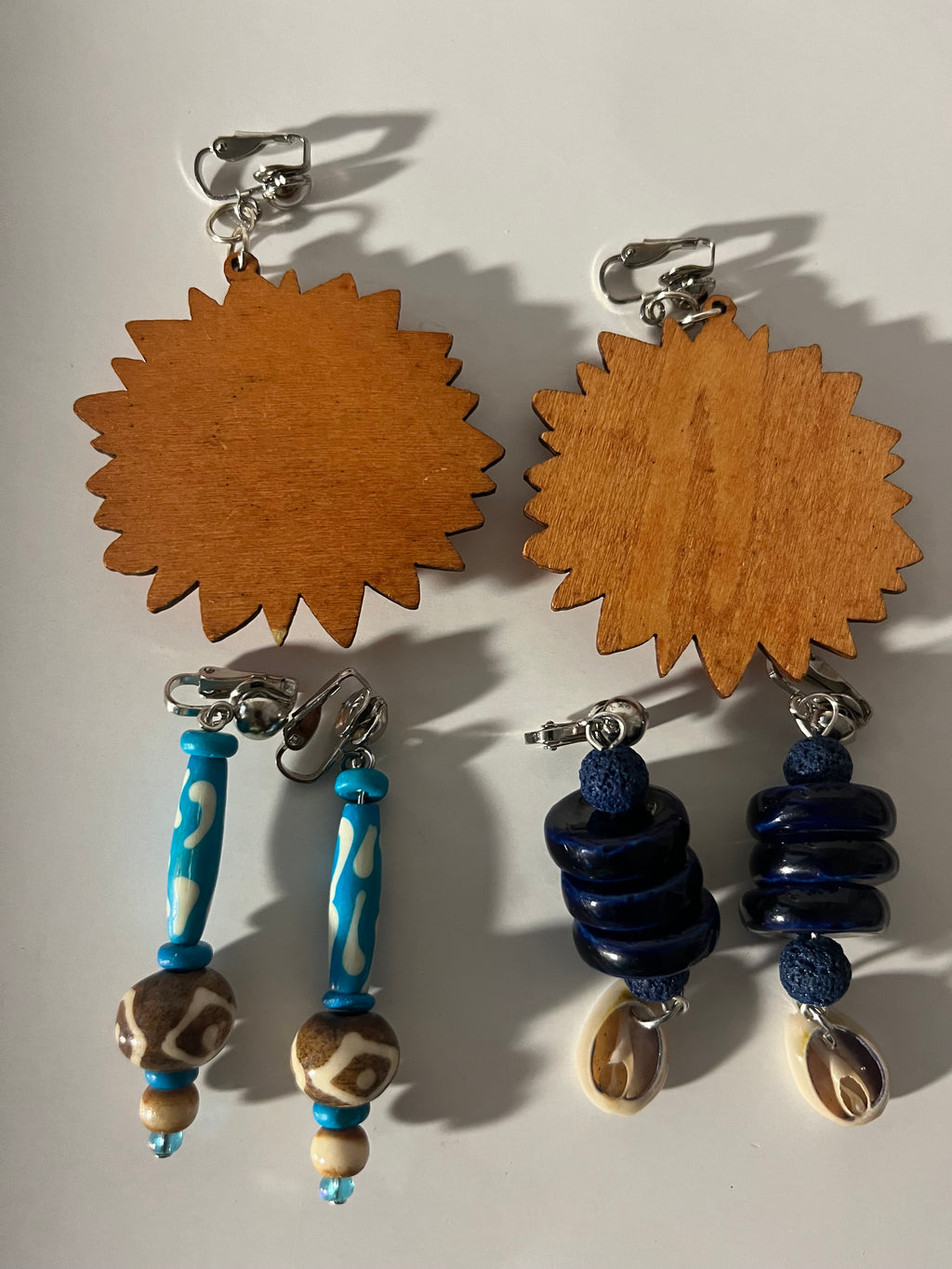 African Bone Cowrie Clip On Earrings 3 Pair Dangles 2-3" Boho Hippie USA Made E4