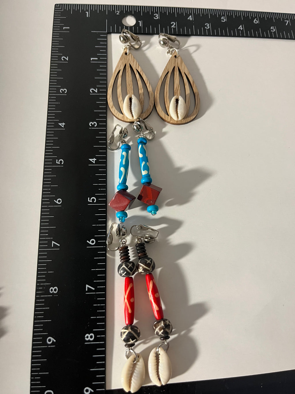 African Bone Cowrie Clip On Earrings 3 Pair Dangles 2-3" Boho Hippie USA Made E5