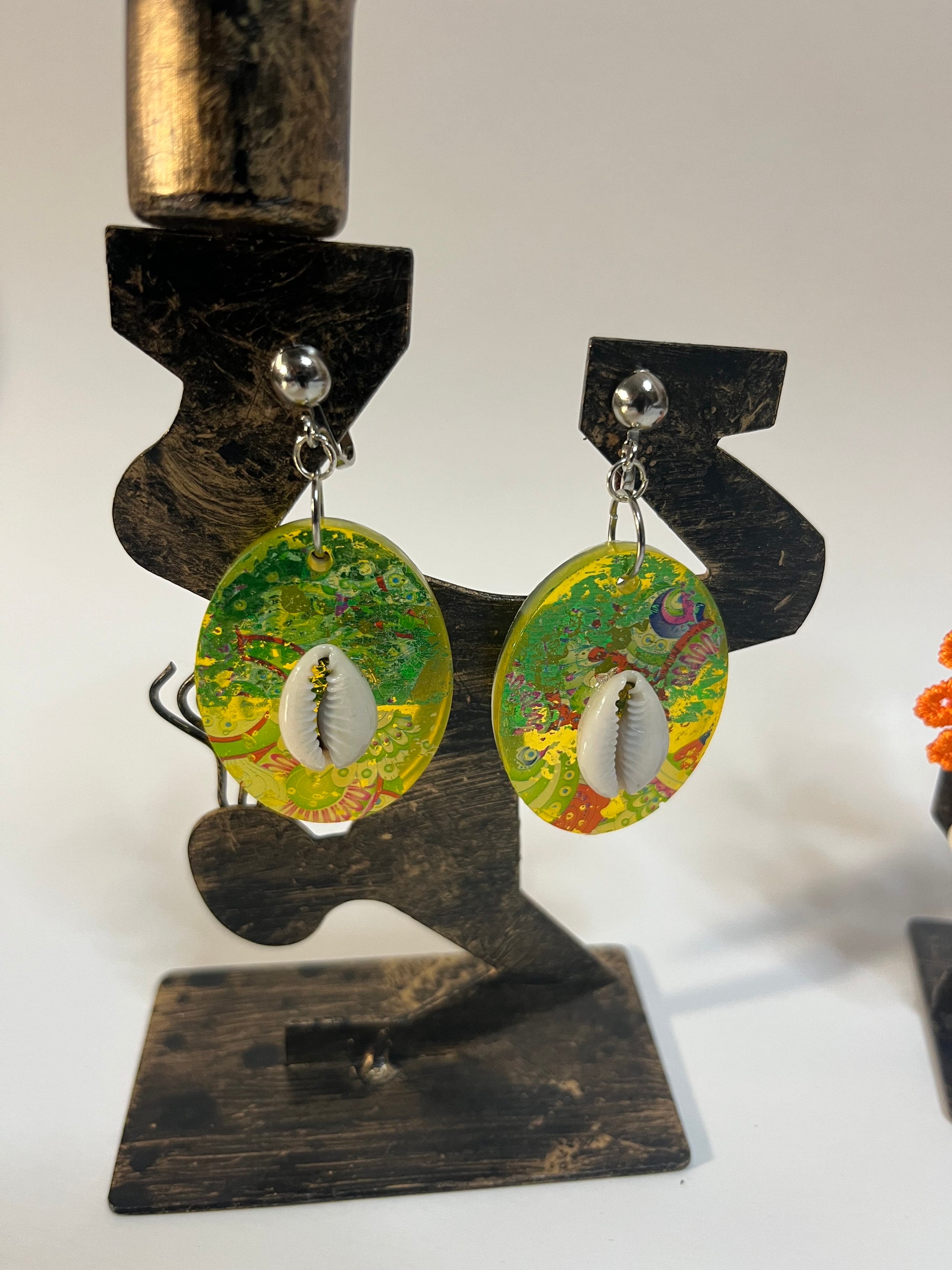 African Bone Cowrie Clip On Earrings 4 Pair Dangles2-3" Boho Hippie USA Made F3