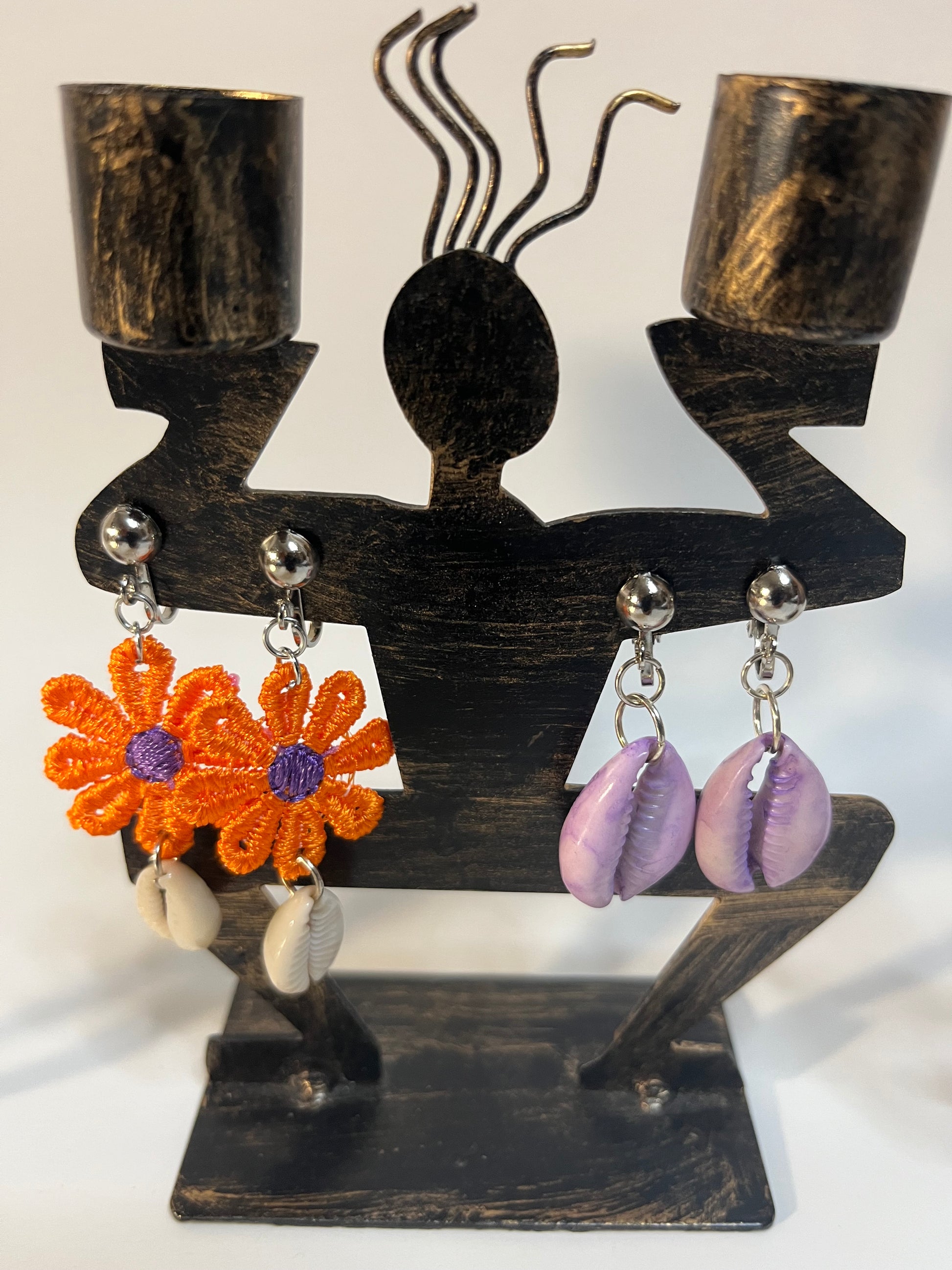 African Bone Cowrie Clip On Earrings 4 Pair Dangles2-3" Boho Hippie USA Made F3